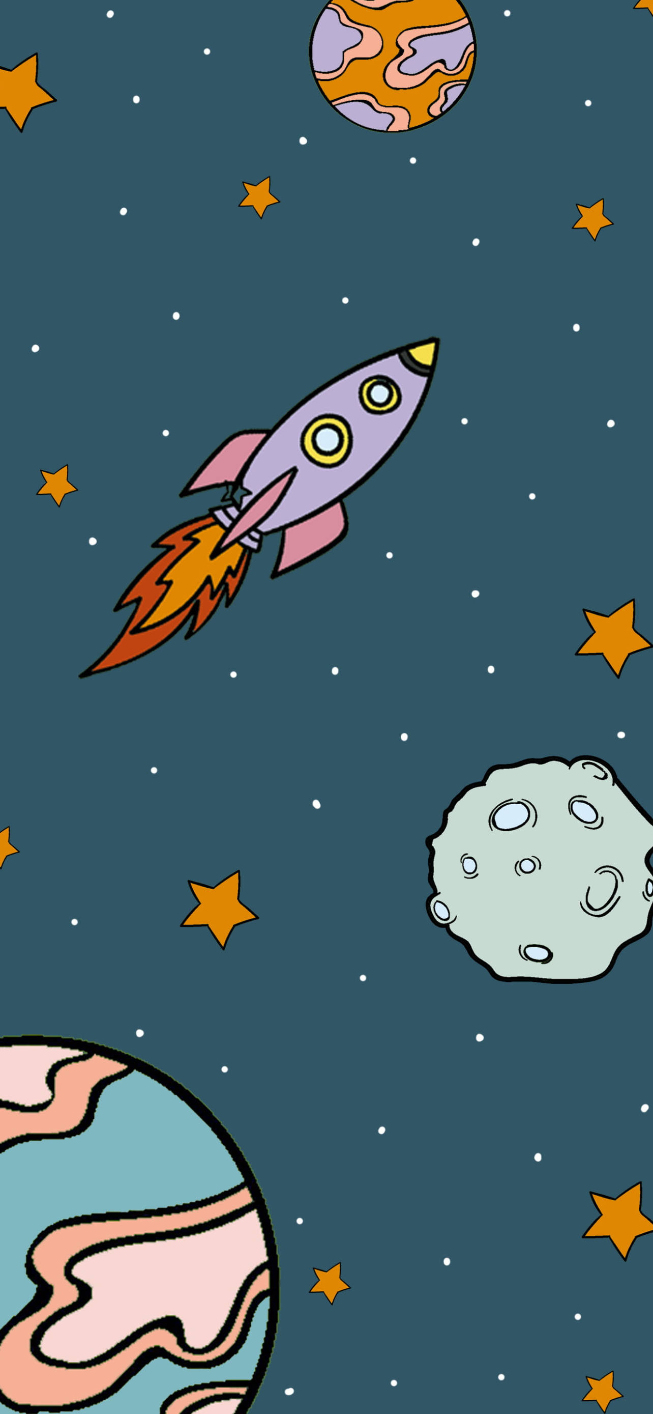 Cosmos 桌布 壁紙 — 一架帶有火焰尾巴的卡通火箭，穿過佈滿星星、行星和月球的太空場景。
