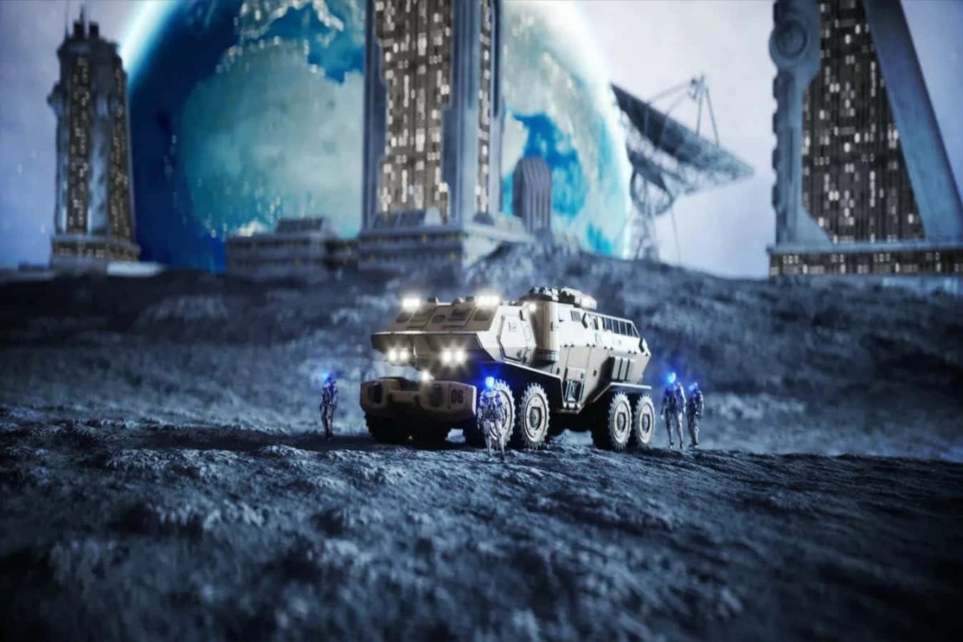 Space Mining 桌布 壁紙 — 一架帶有發光燈光的未來主義裝甲車，矗立在岩石外星景觀上，背景有高聳的科幻建築和一顆巨大的藍色星球。