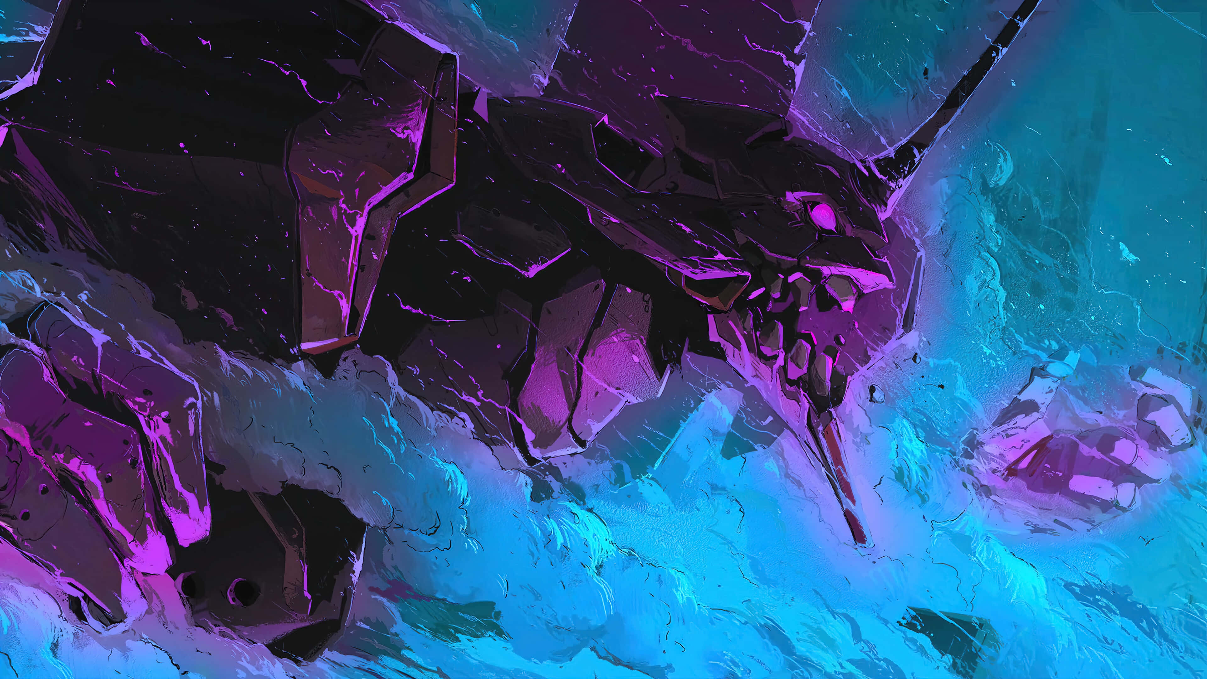 evangelion 4K 桌布 壁紙 — 一架帶有發光紫色點綴的未來機甲，在數位藝術場景中，置身於旋轉的青色和洋紅色能量雲之間。