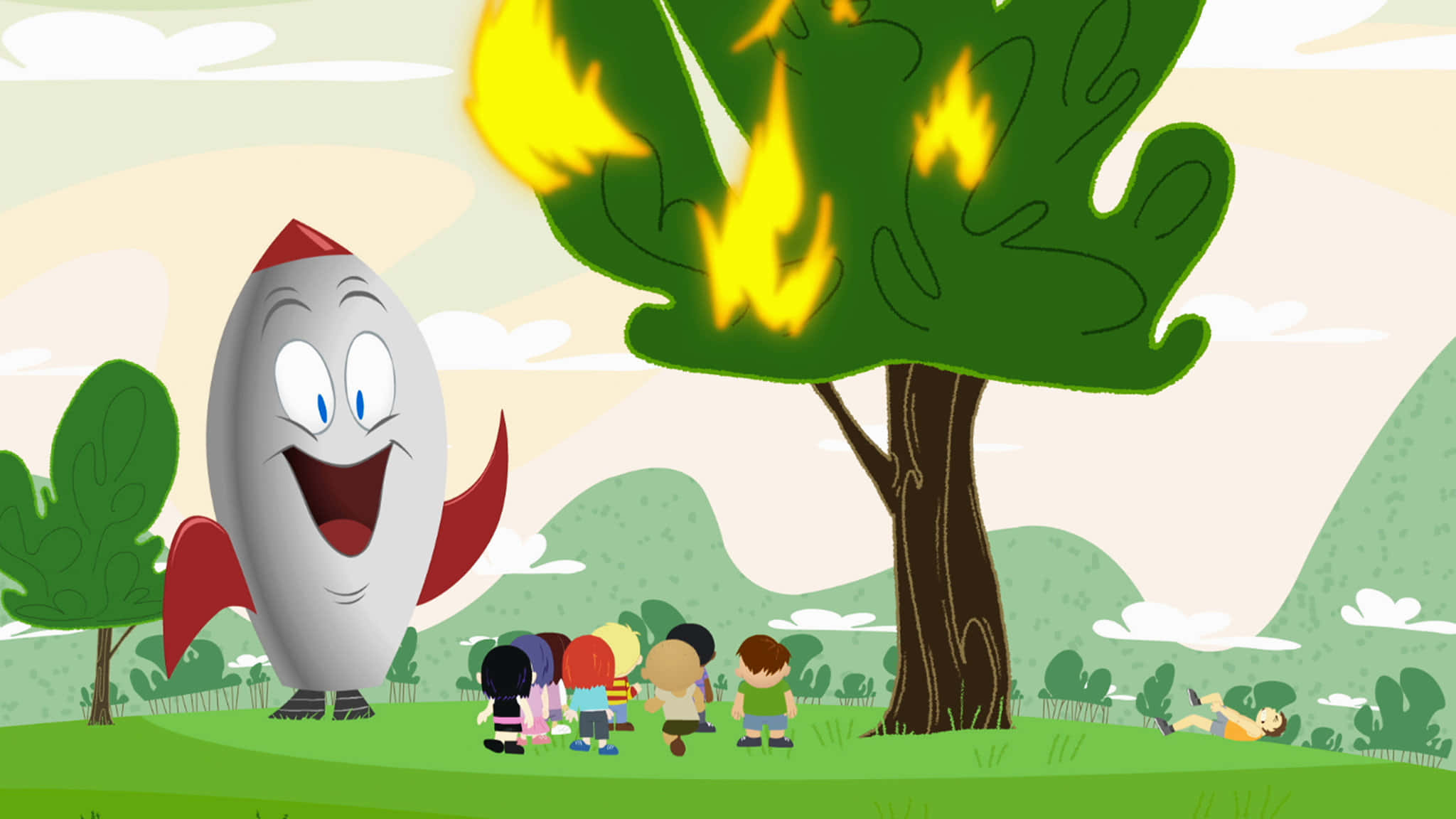 Animated 桌布 壁紙 — 一架帶有紅色尾翼的歡樂卡通火箭站在一棵燃燒的樹旁，孩子們在草地上敬畏地觀看。