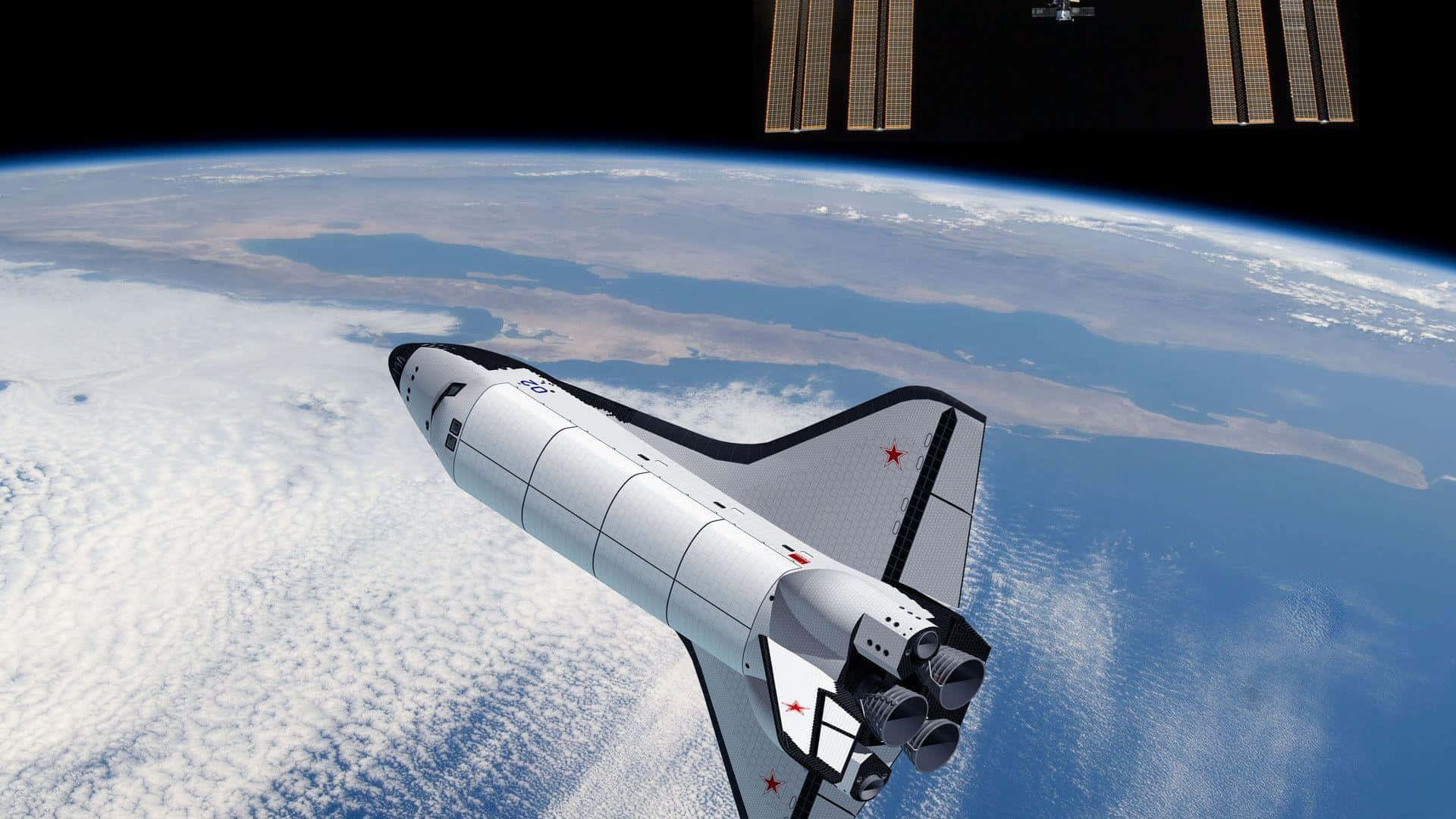 Spacecraft 桌布 壁紙 — 一架帶有紅色星星的白色太空梭，在藍色海洋和白色雲層的背景下，從太空繞地球飛行。