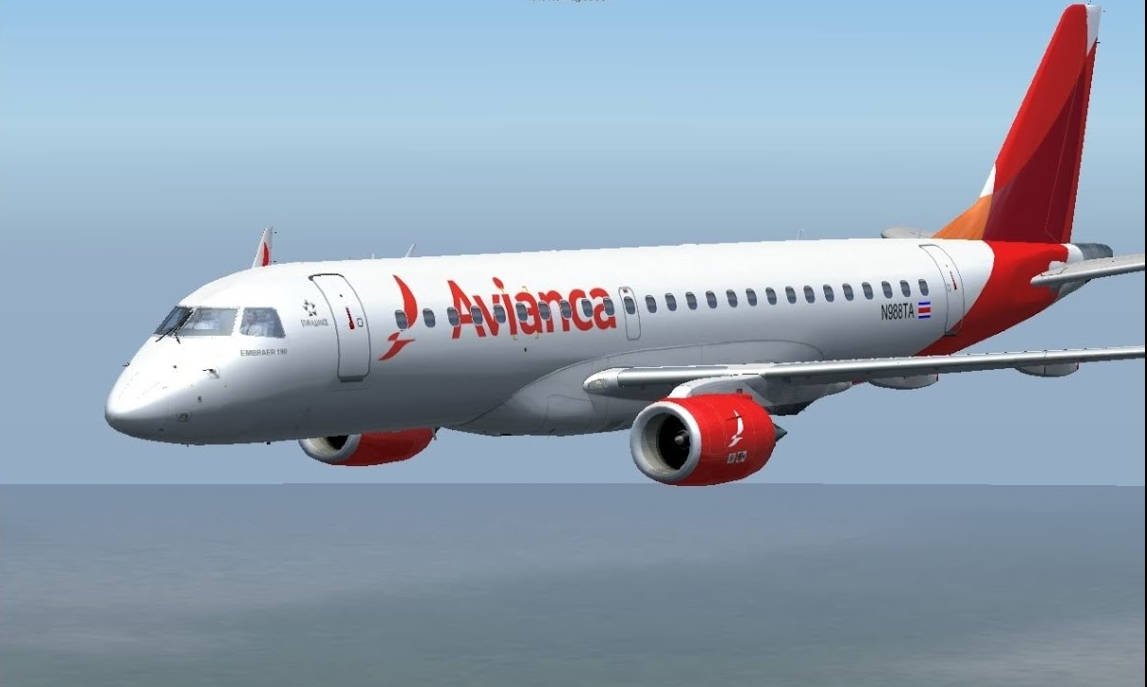 Plane 桌布 壁紙 — 一架帶有紅色點綴的Avianca客機在晴朗藍天下低飛越過平靜的海面。