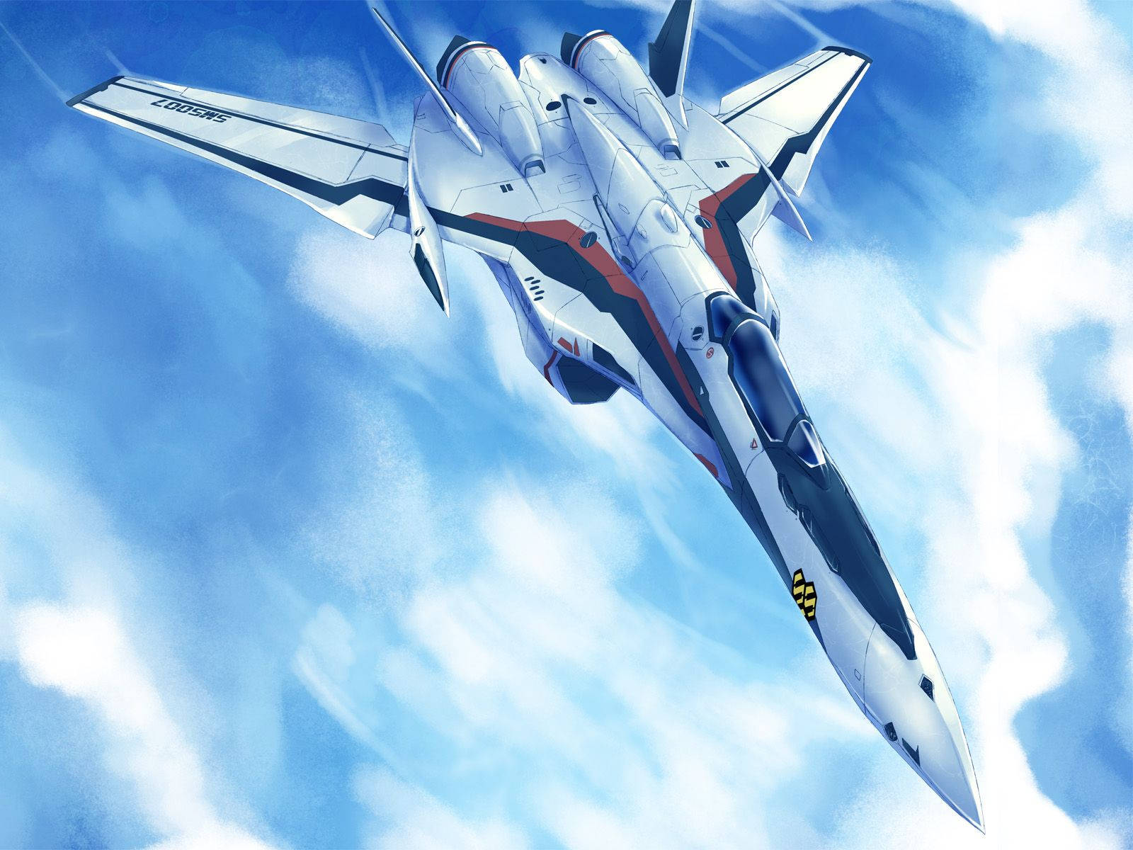 Macross 桌布 壁紙 — 一架帶有紅色點綴的時尚白色戰鬥機在充滿蓬鬆白雲的明亮藍天中動態翱翔。