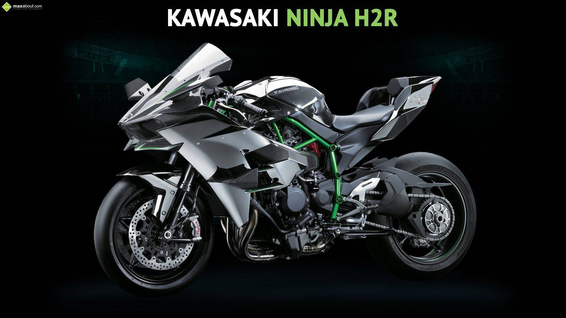 機車 桌布 壁紙 — 一架帶有綠色點綴的時尚銀色川崎忍者H2R跑車，在深色背景下蓄勢待發。