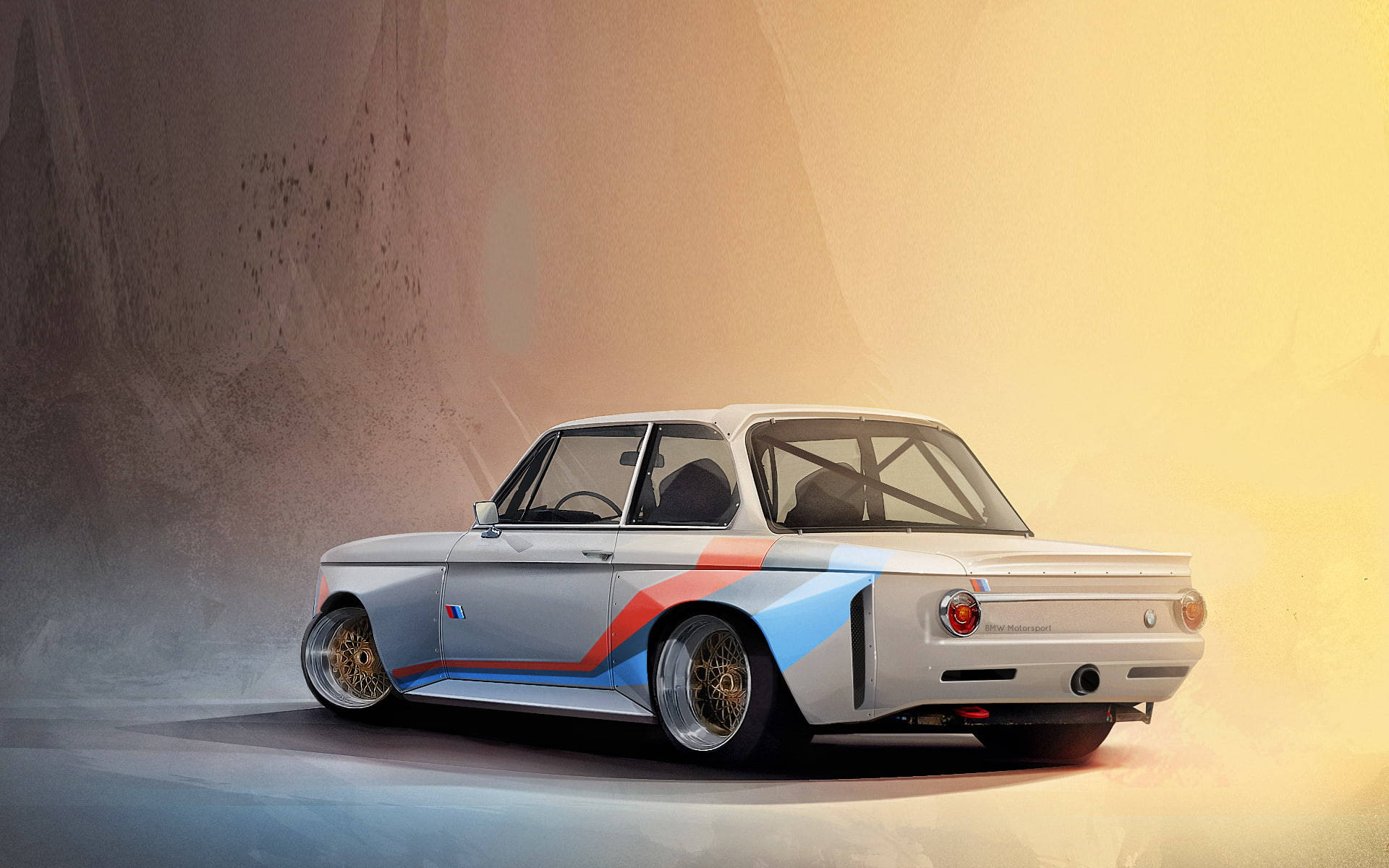 Cool Car 桌布 壁紙 — 一架帶有藍色和紅色條紋的時尚銀色寶馬賽車，在塵土飛揚的隧道中沐浴著溫暖的金色光芒。