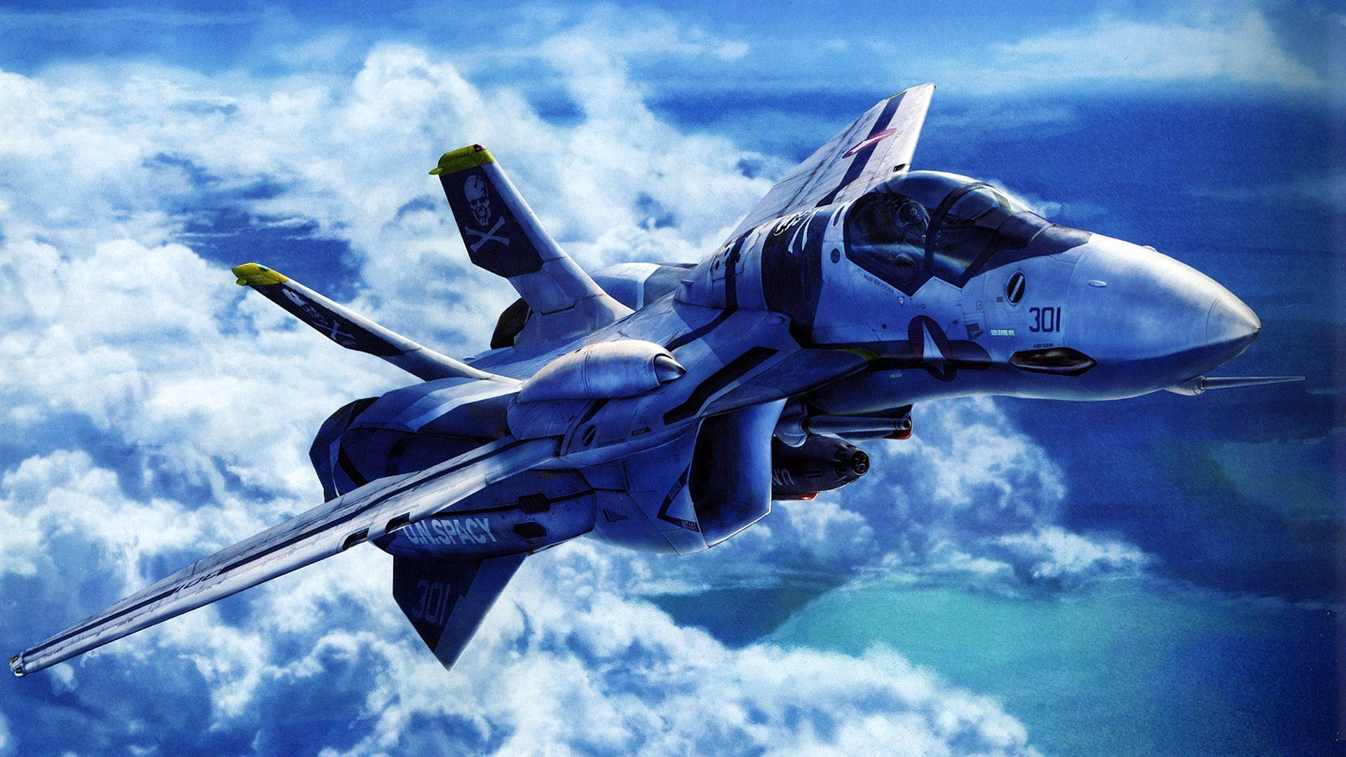 Military Jets 桌布 壁紙 — 一架帶有骷髏貼紙的時尚戰鬥機在充滿蓬鬆白雲的鮮豔藍天中翱翔。
