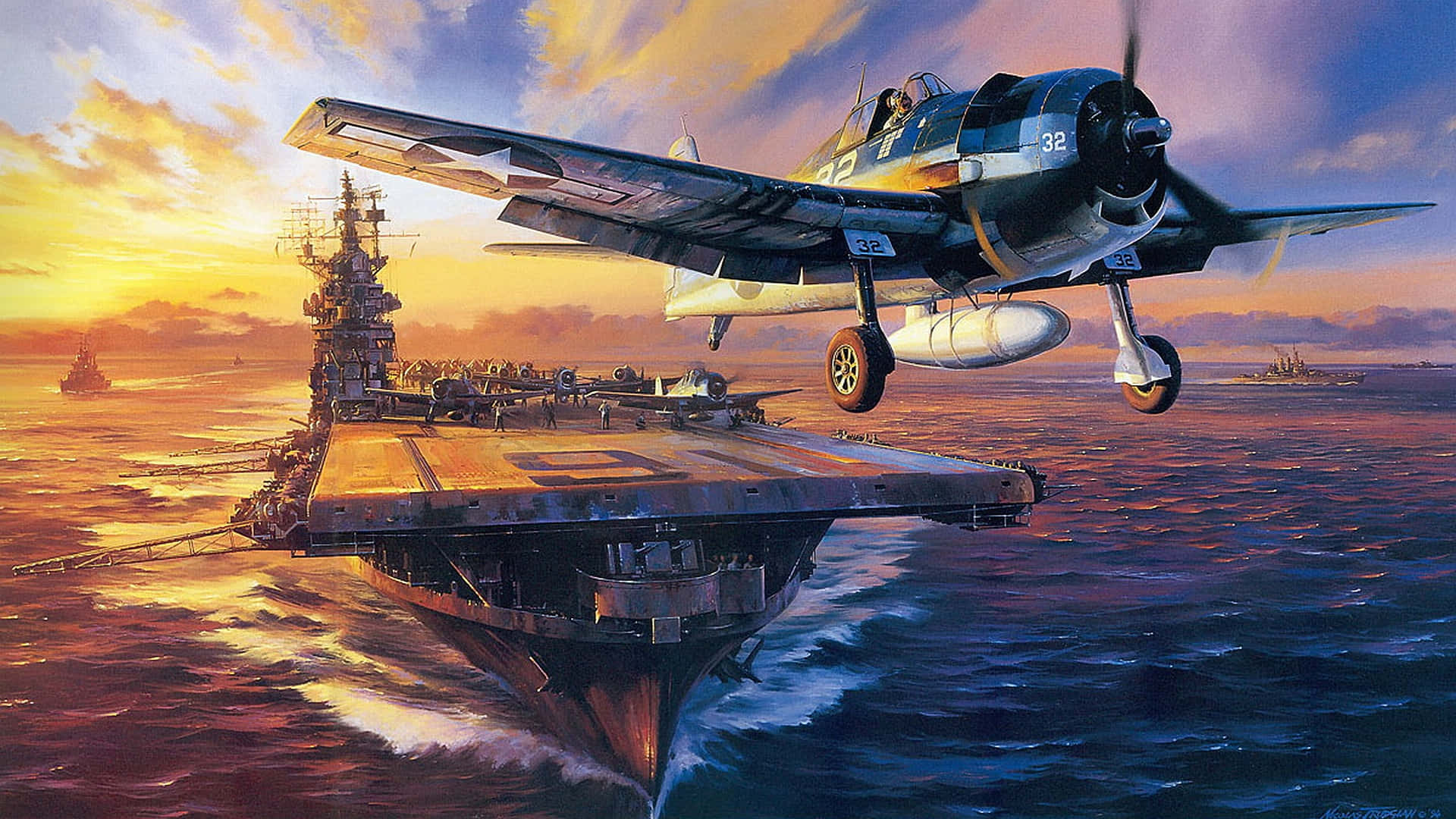 桌布 壁紙 — 一架復古戰鬥機在日落時從航空母艦起飛，金色光線反射在海浪上。