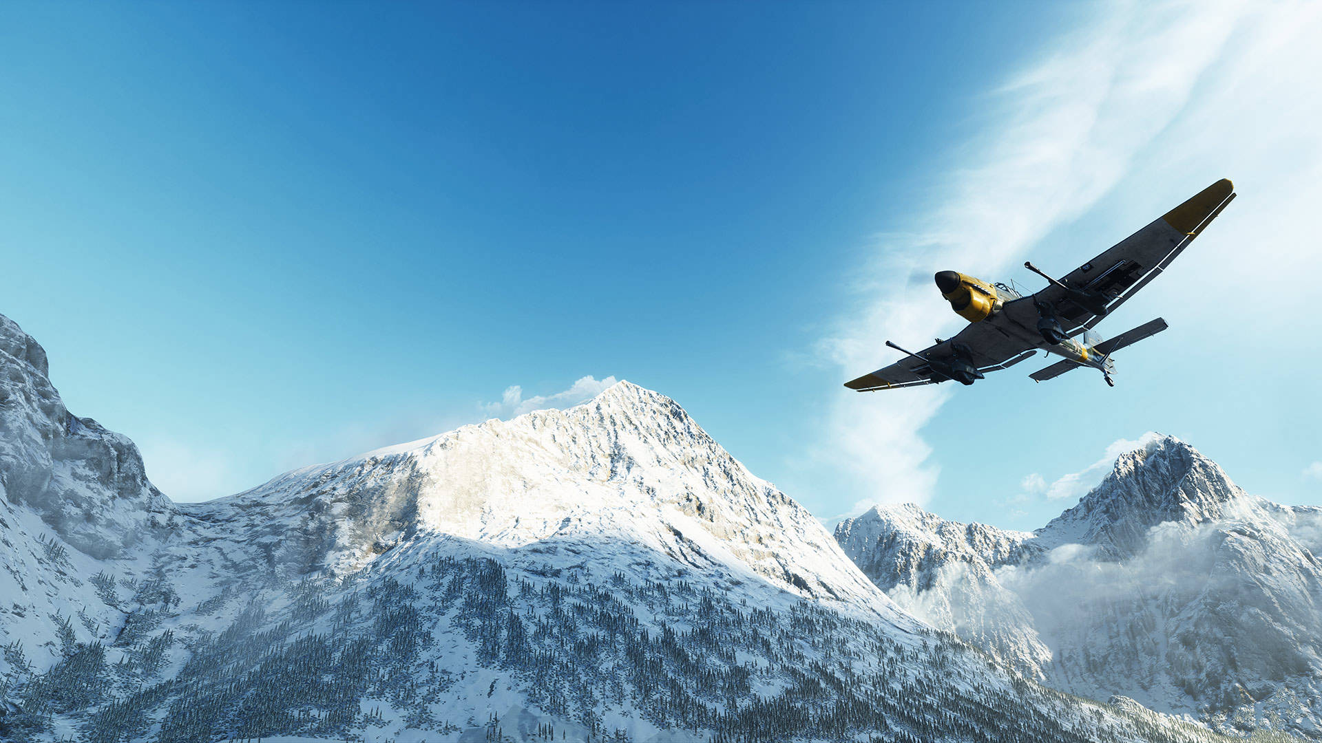 Battlefield 5 桌布 壁紙 — 一架復古戰鬥機在晴朗的藍天下翱翔於白雪覆蓋的山峰之上。