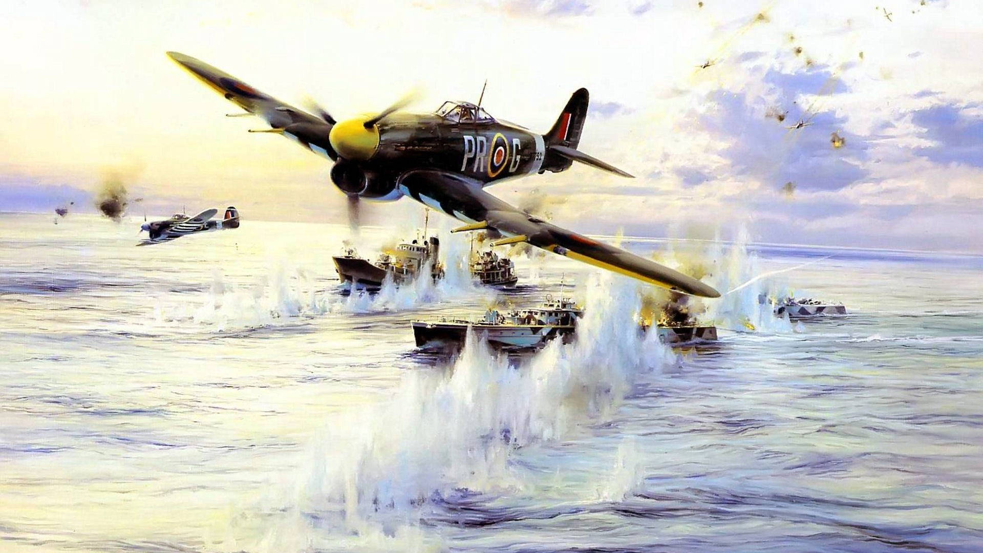 HD Military 桌布 壁紙 — 一架復古戰鬥機在波濤洶湧的海面上翱翔，下方軍艦在爆炸和煙霧中交戰。