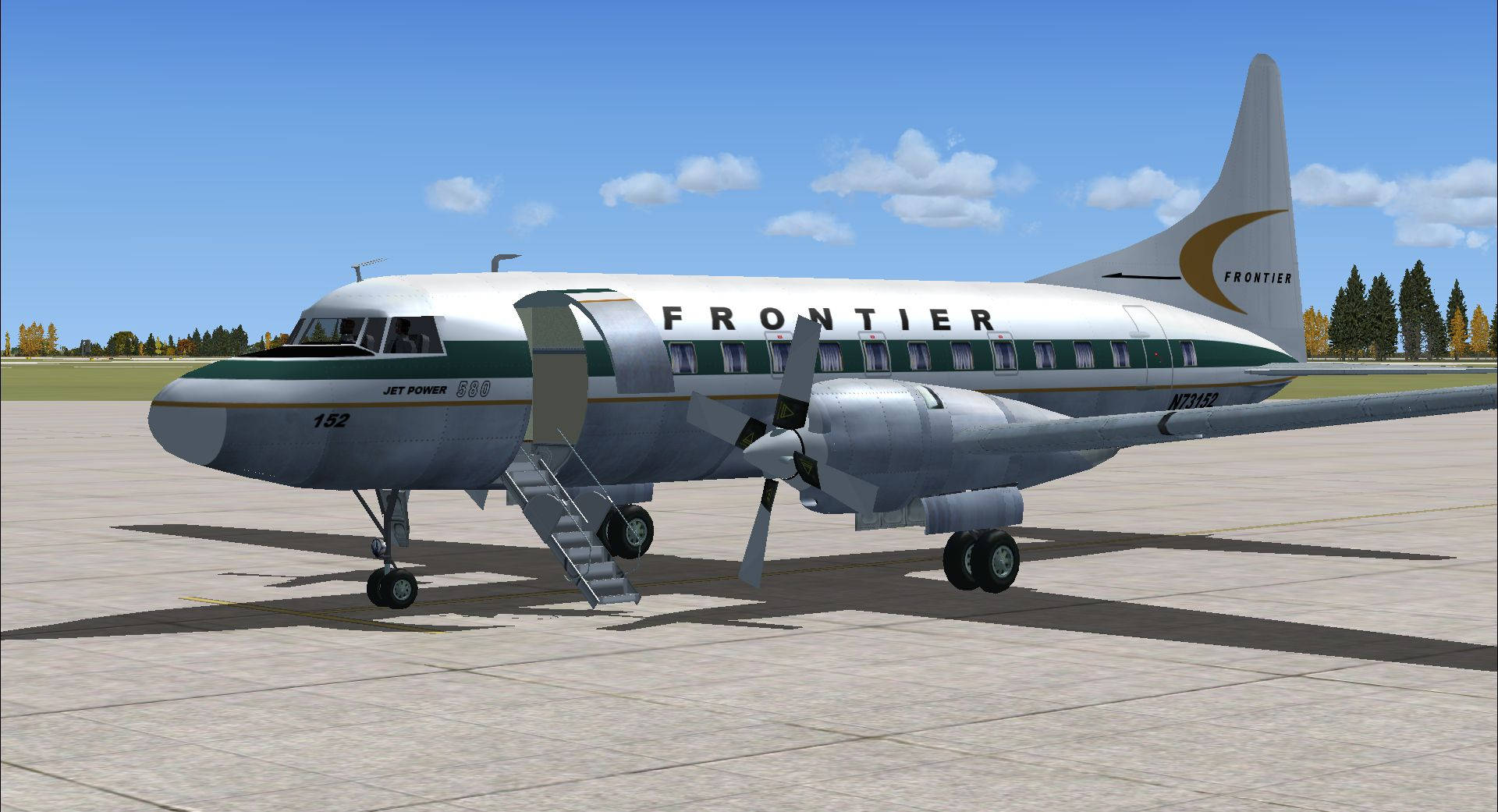 transportation 桌布 壁紙 — 一架復古的 Frontier Airlines 螺旋槳飛機停在陽光明媚的停機坪上，登機梯展開，背景是清澈的藍天。
