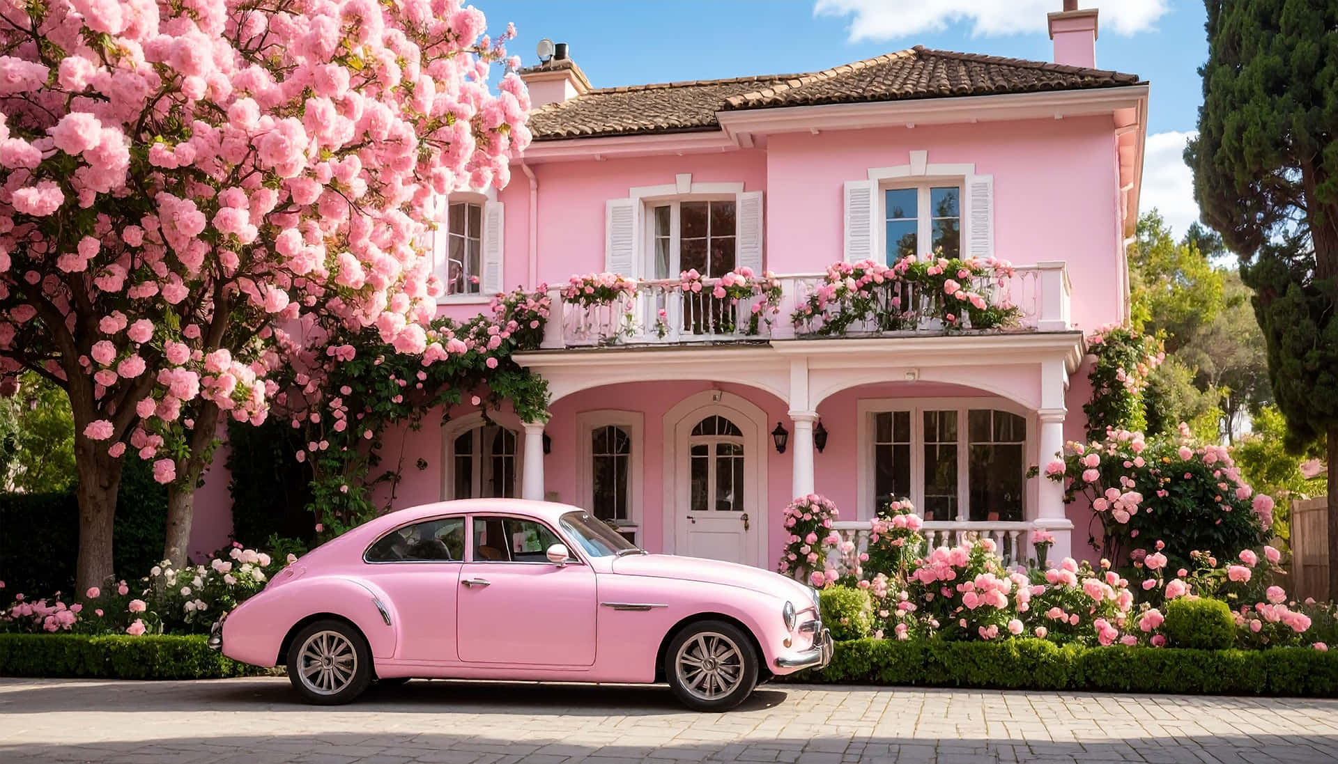 Pink Car 壁紙 — 一架復古粉紅色汽車停在一間粉紅色小屋前，小屋周圍開滿了粉紅色的玫瑰，背景是晴朗的藍天。