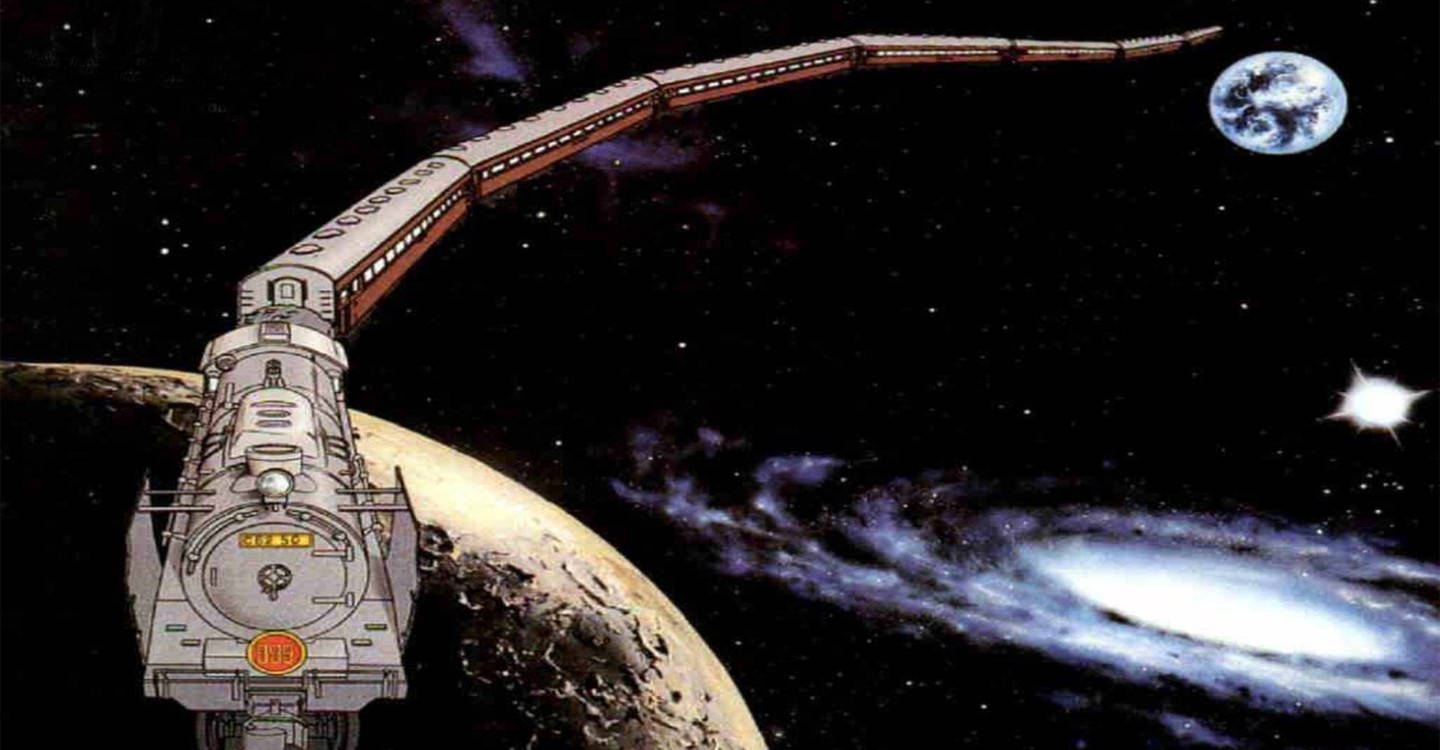 火車 桌布 壁紙 — 一架復古蒸汽火車在太空中彎曲穿過行星和螺旋星系，遠處可見地球。
