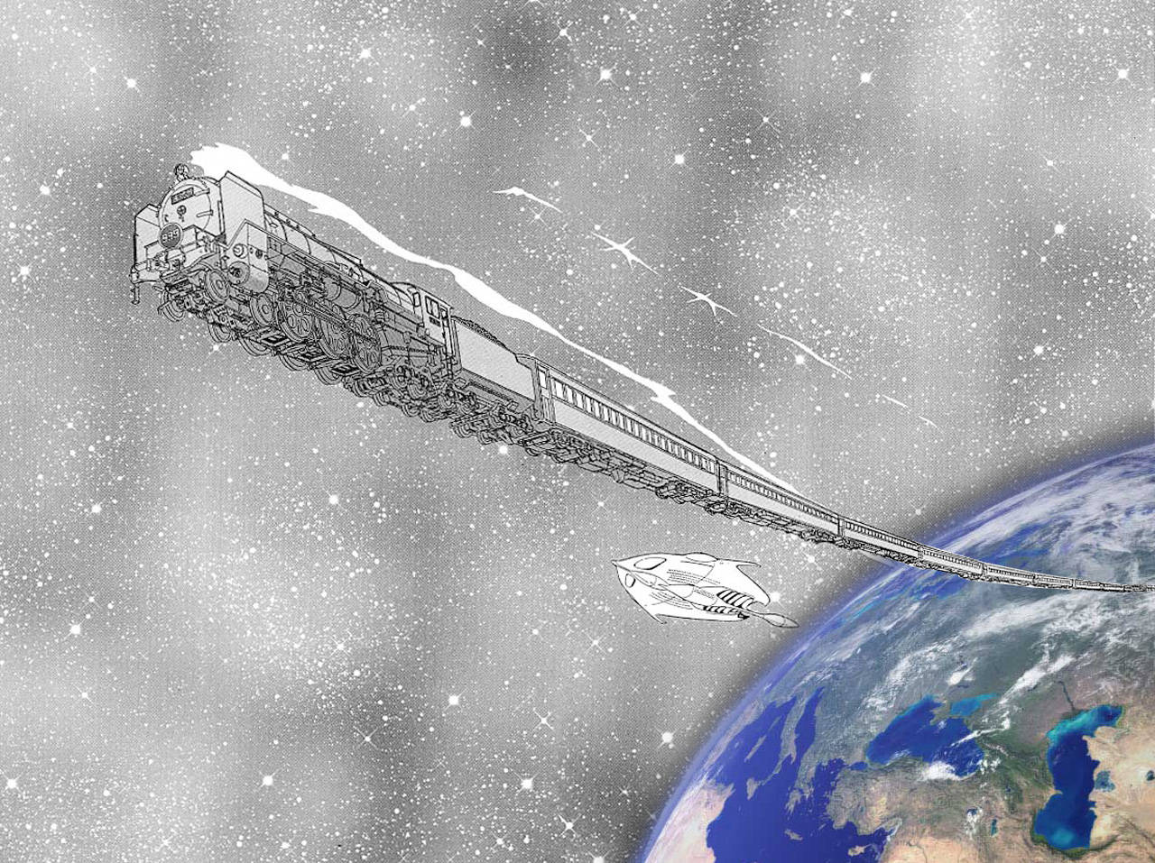 Train 桌布 壁紙 — 一架復古蒸汽火車穿過地球上空繁星點點的太空，後面有一艘小型太空船。