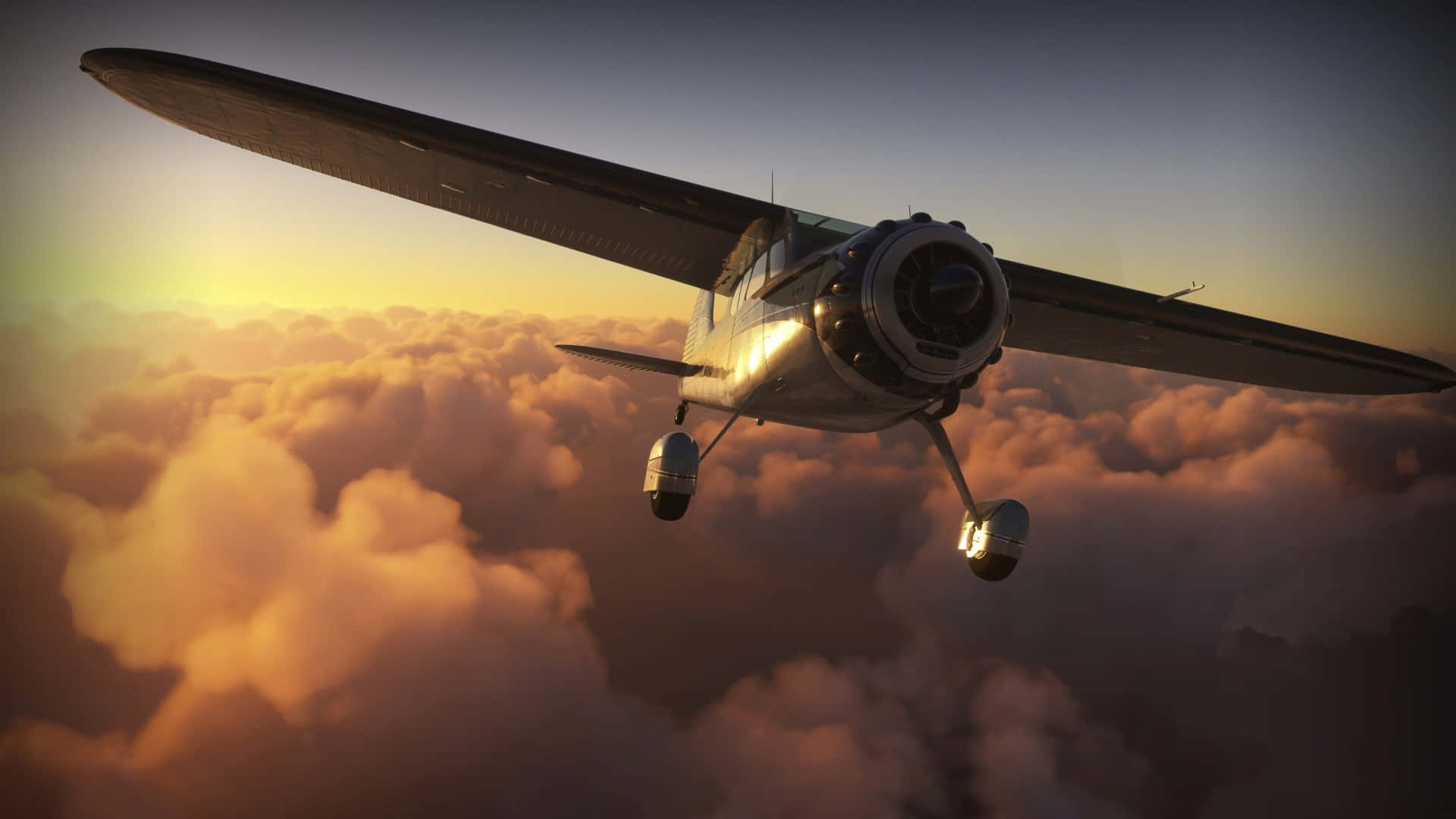 1080p Microsoft Flight Simulator 桌布 壁紙 — 一架復古螺旋槳飛機在日出時翱翔於金色雲層之上，溫暖的光線照射在其金屬機身上。