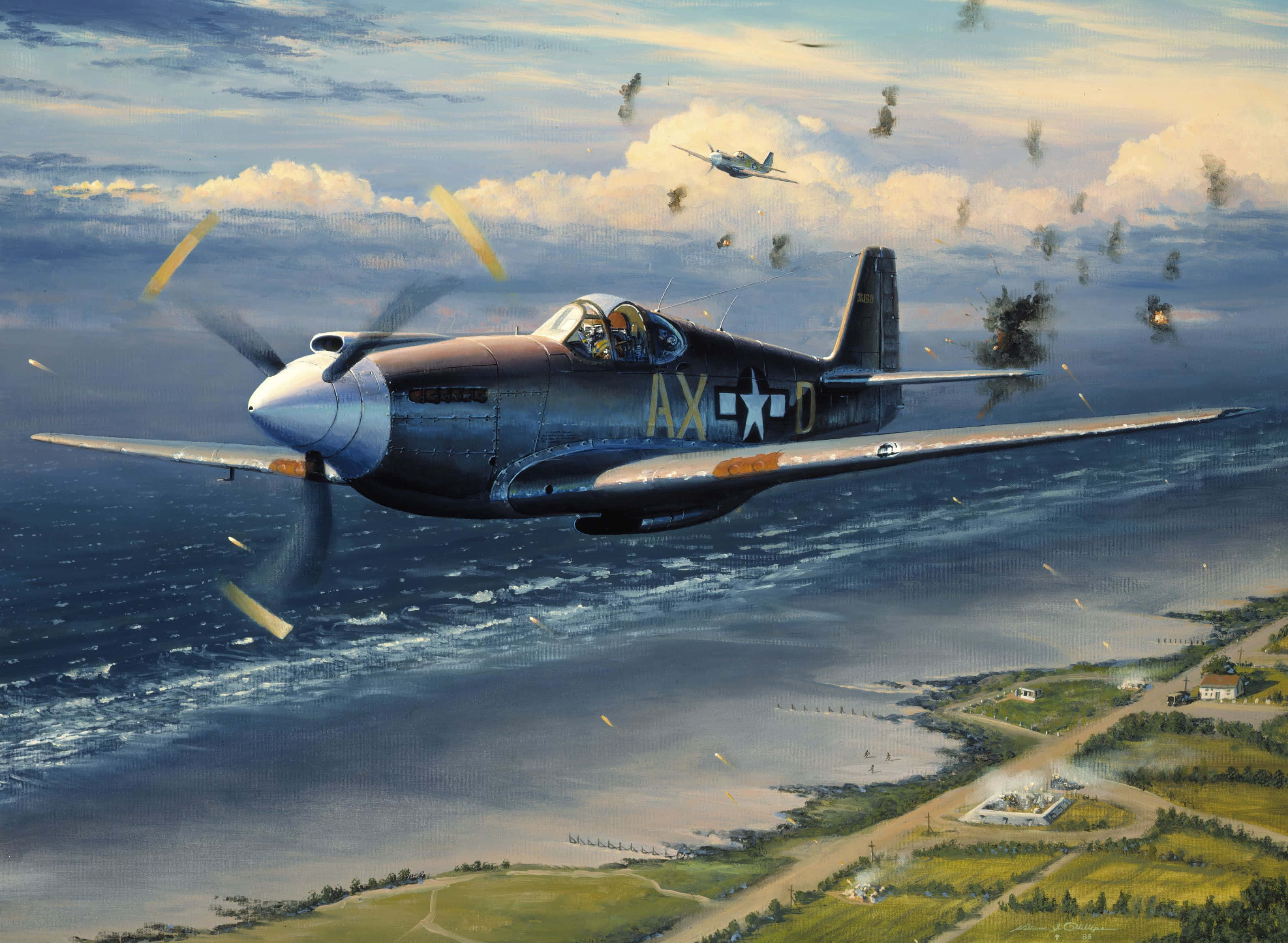 Plane 桌布 壁紙 — 一架復古軍用戰鬥機在沿海景觀上空翱翔，與敵機進行爆炸性戰鬥。