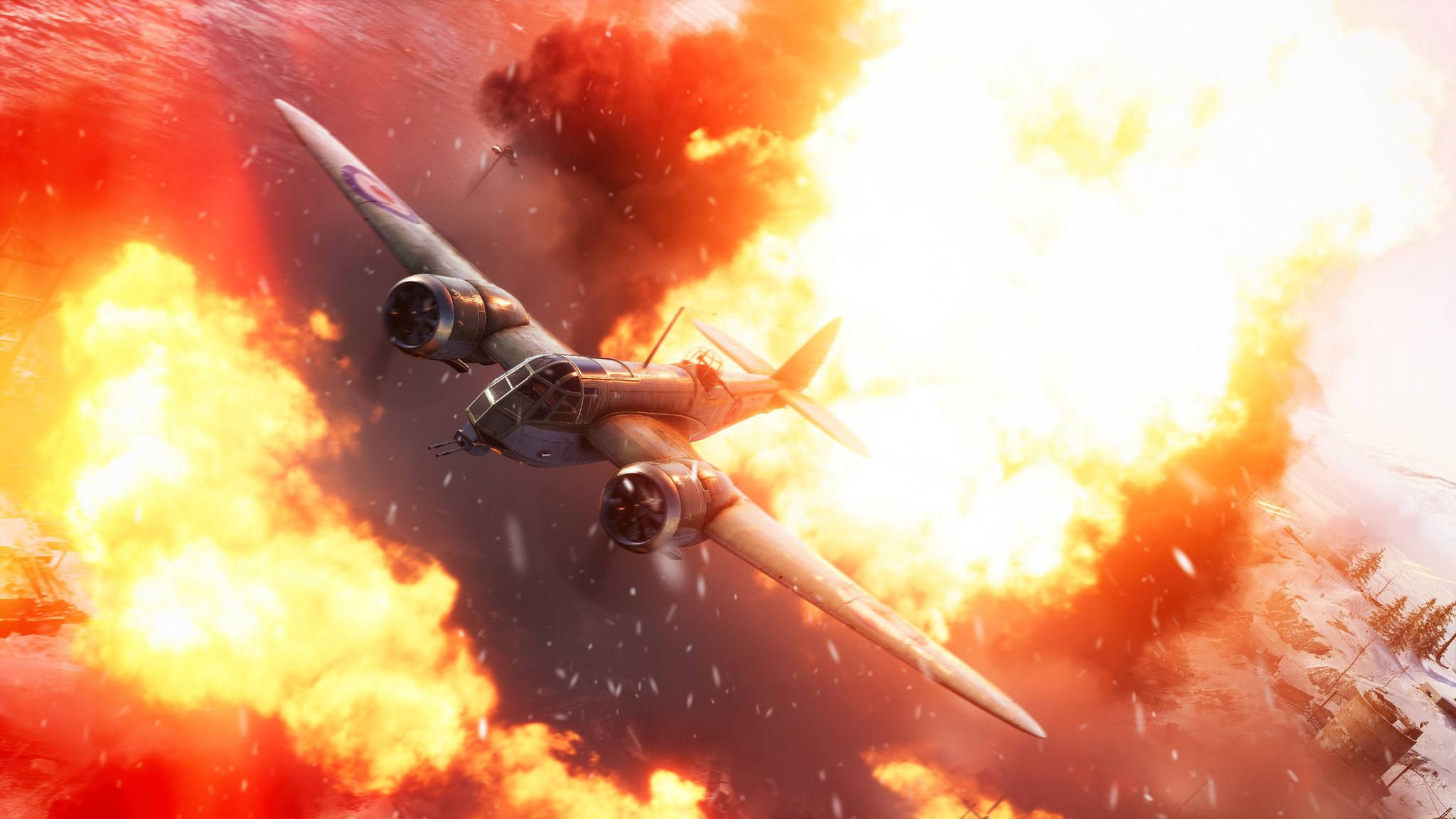 Battlefield 5 桌布 壁紙 — 一架復古轟炸機在煙霧和餘燼旋轉的猛烈爆炸中翱翔。