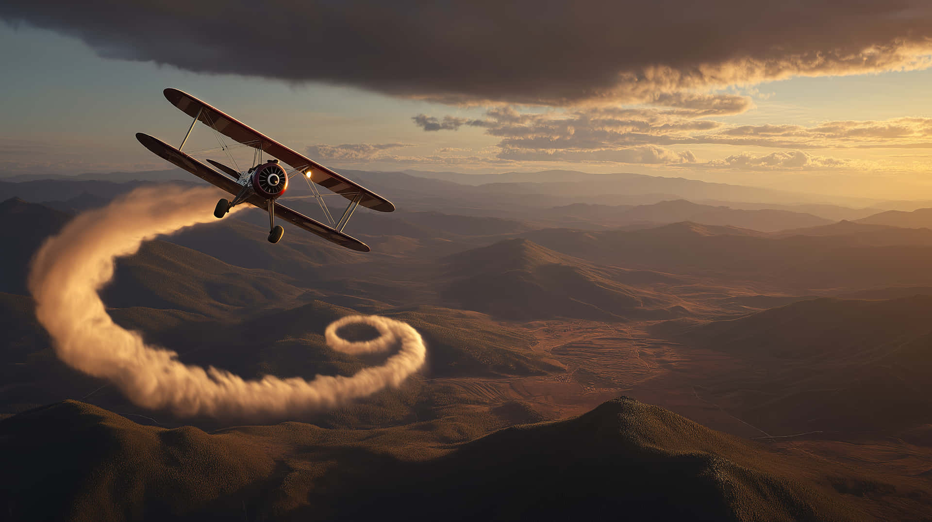Vintage Biplane Looping Above Mountains at Sunset 壁紙 — 一架復古雙翼機在日落時分於金色起伏的山丘上空盤旋留下煙跡。