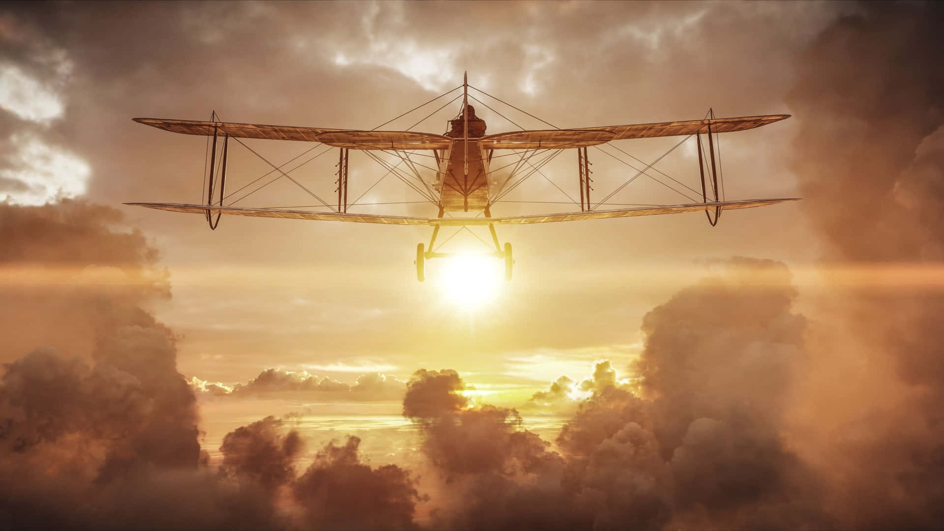 1920x1080 Battlefield 1 桌布 壁紙 — 一架復古雙翼機在金色雲層中翱翔，背後太陽閃耀，散發出溫暖的光芒。