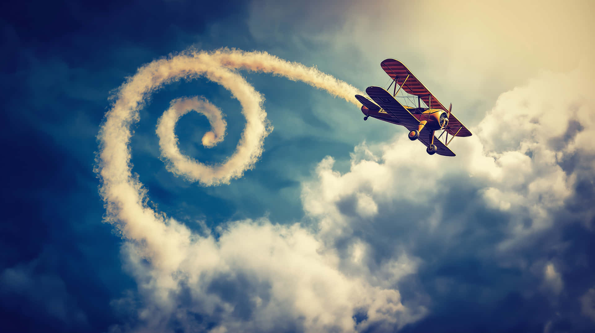 Vintage Biplane with Smoke Trail in Cloudy Sky Loop 壁紙 — 一架復古雙翼飛機劃破戲劇性的天空，在蓬鬆的雲層中留下旋轉的煙霧痕跡。