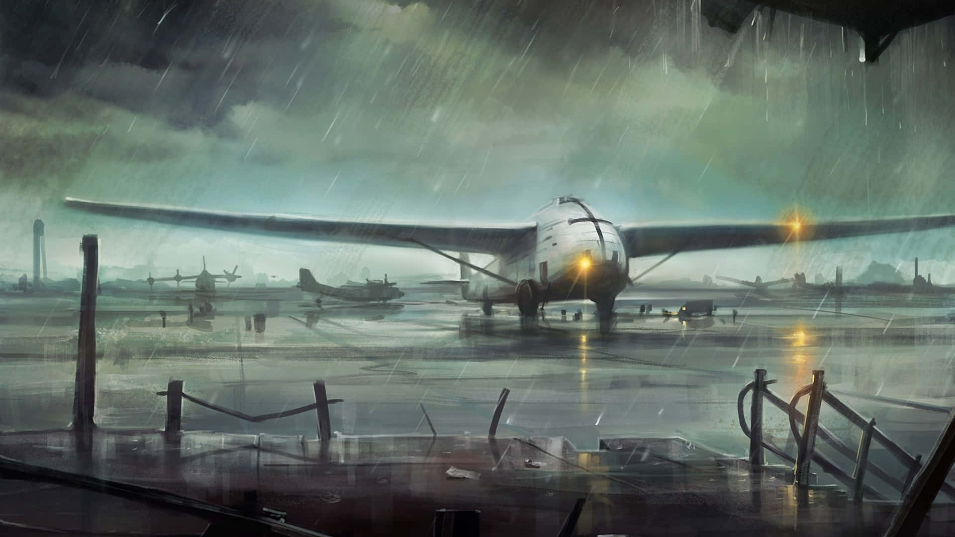 Painting 桌布 壁紙 — 一架復古飛機停在雨濕的機場上，暴風雨的天空下，駕駛艙燈光閃爍。