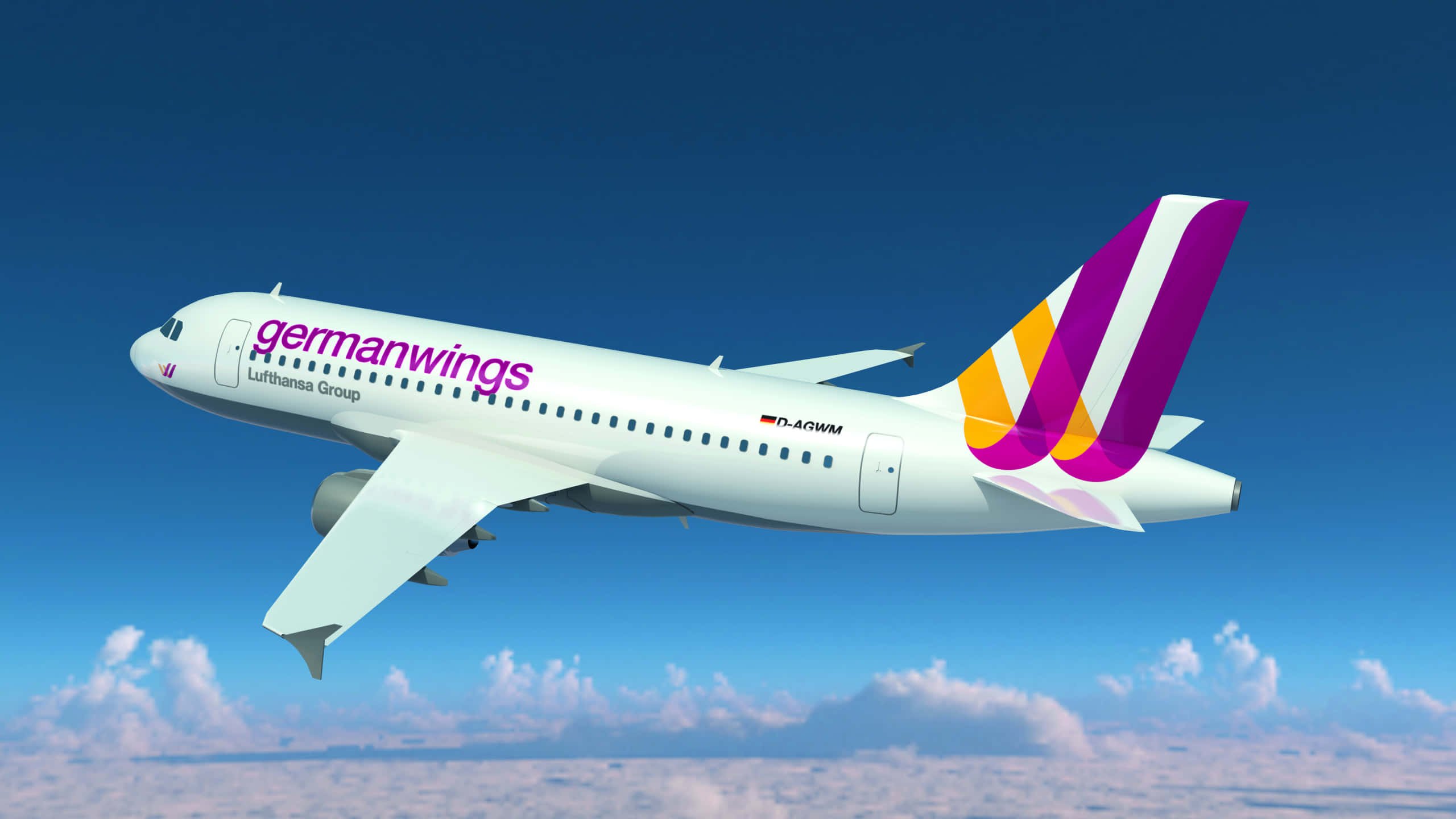 1440p Plane 桌布 壁紙 — 一架德國之翼空中巴士A320在清澈的藍天中翱翔，飛越蓬鬆的白雲，擁有獨特的紫色和黃色尾翼。