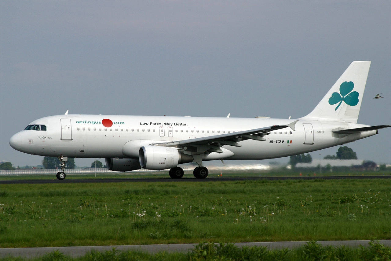 Airport 桌布 壁紙 — 一架愛爾蘭航空的空中巴士A320，帶有綠色三葉草塗裝，在陰天下的草地上滑行。