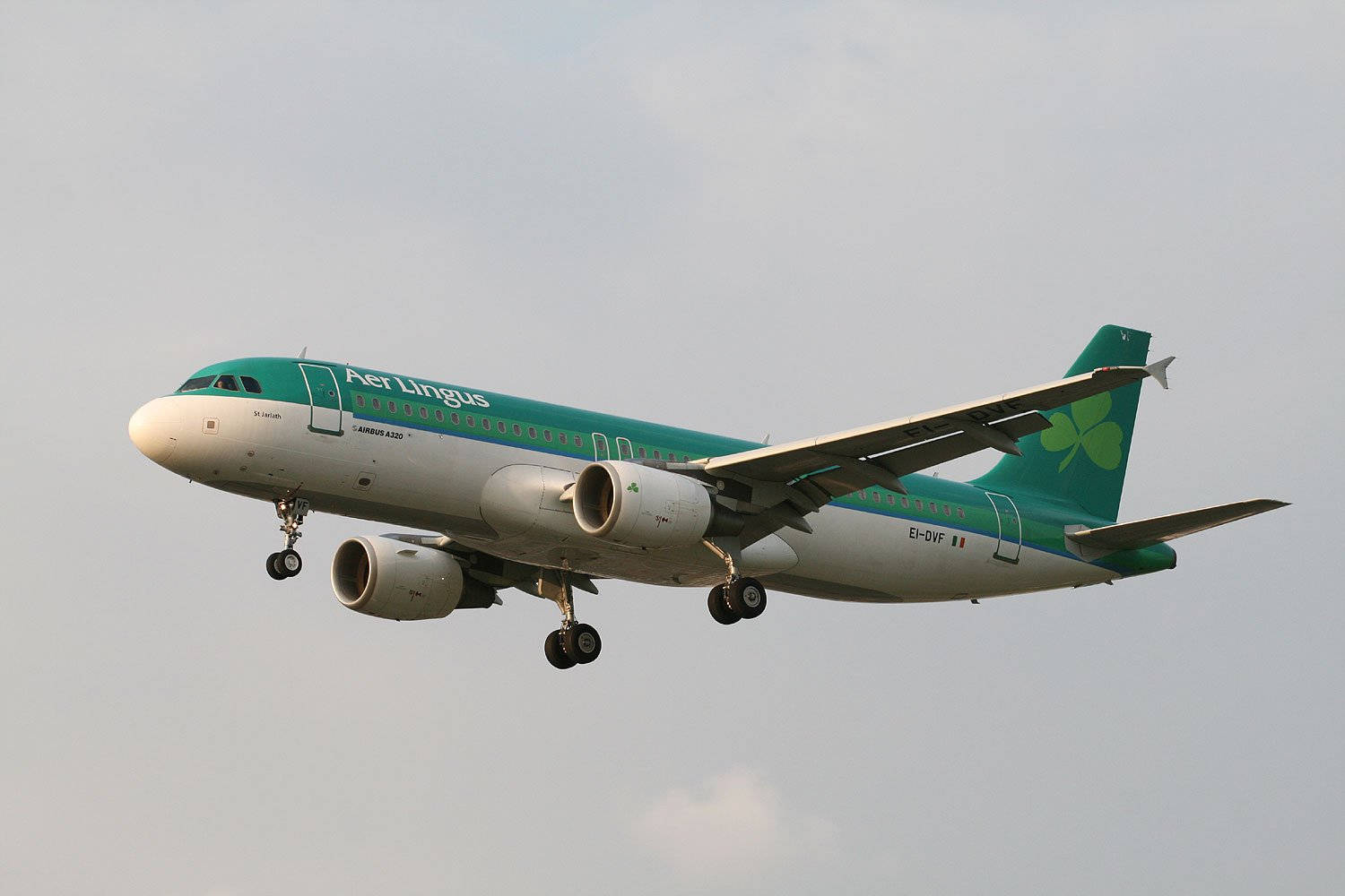 flying 桌布 壁紙 — 一架愛爾蘭航空的空中巴士A320放下起落架，在日間飛行中翱翔於蒼白的天空。