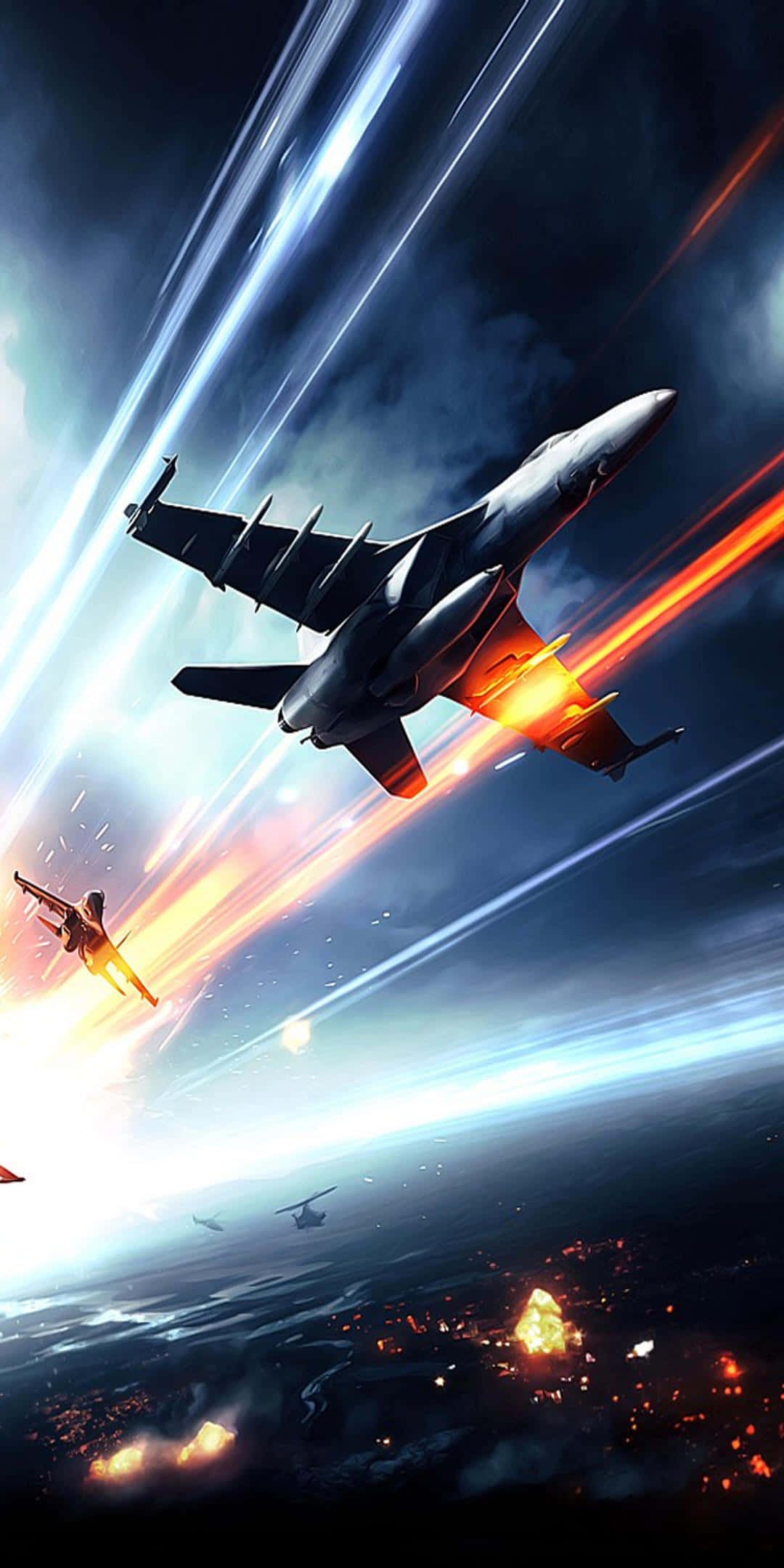 Pixel 3 Battlefield 3 桌布 壁紙 — 一架戰鬥機劃破黑暗的天空，留下火焰軌跡，爆炸照亮了下面的戰場。
