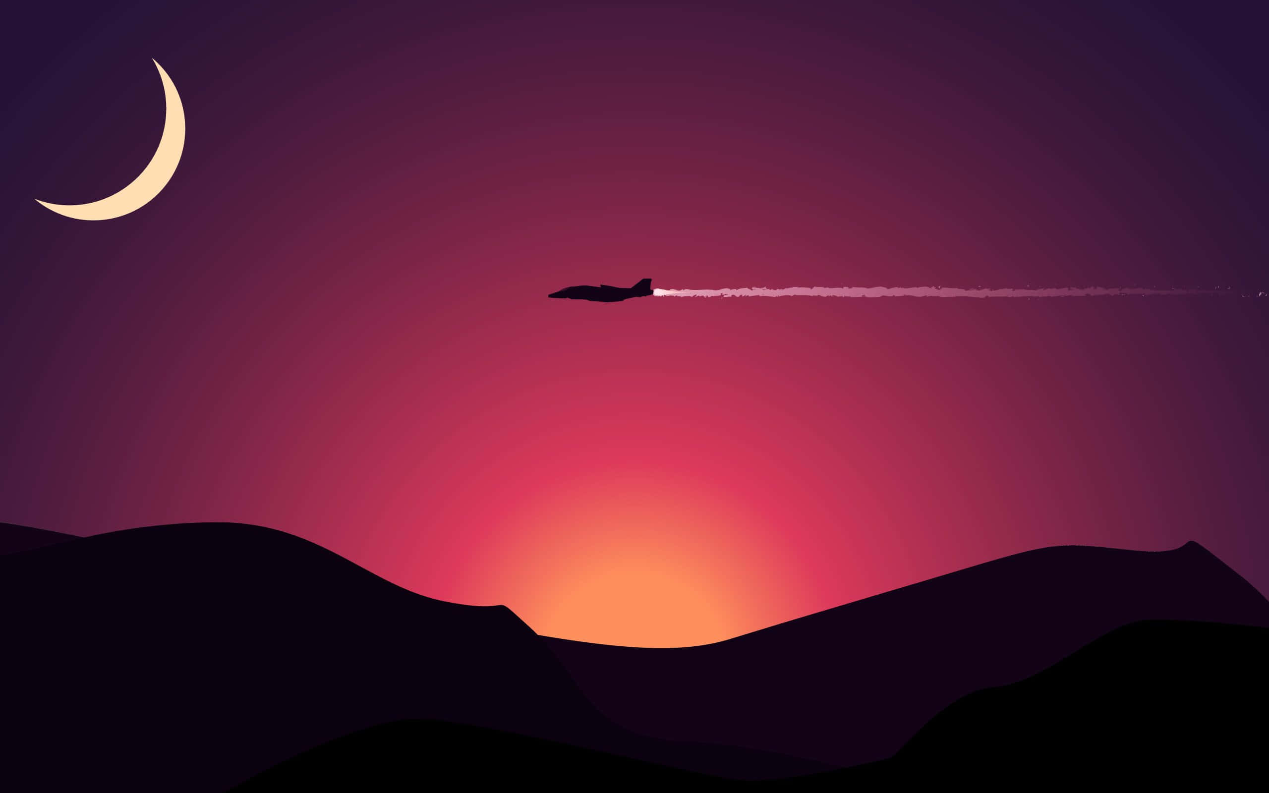Minimalism 桌布 壁紙 — 一架戰鬥機劃過暮色天空，上方有一彎新月，下方是剪影般的山脈。