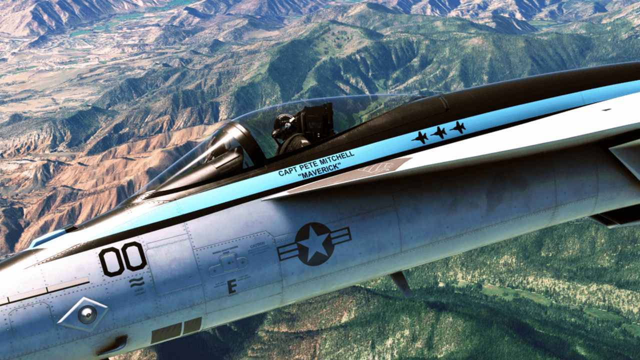 Plane 桌布 壁紙 — 一架戰鬥機在崎嶇的山脈上空翱翔，駕駛艙內的飛行員清晰可見。