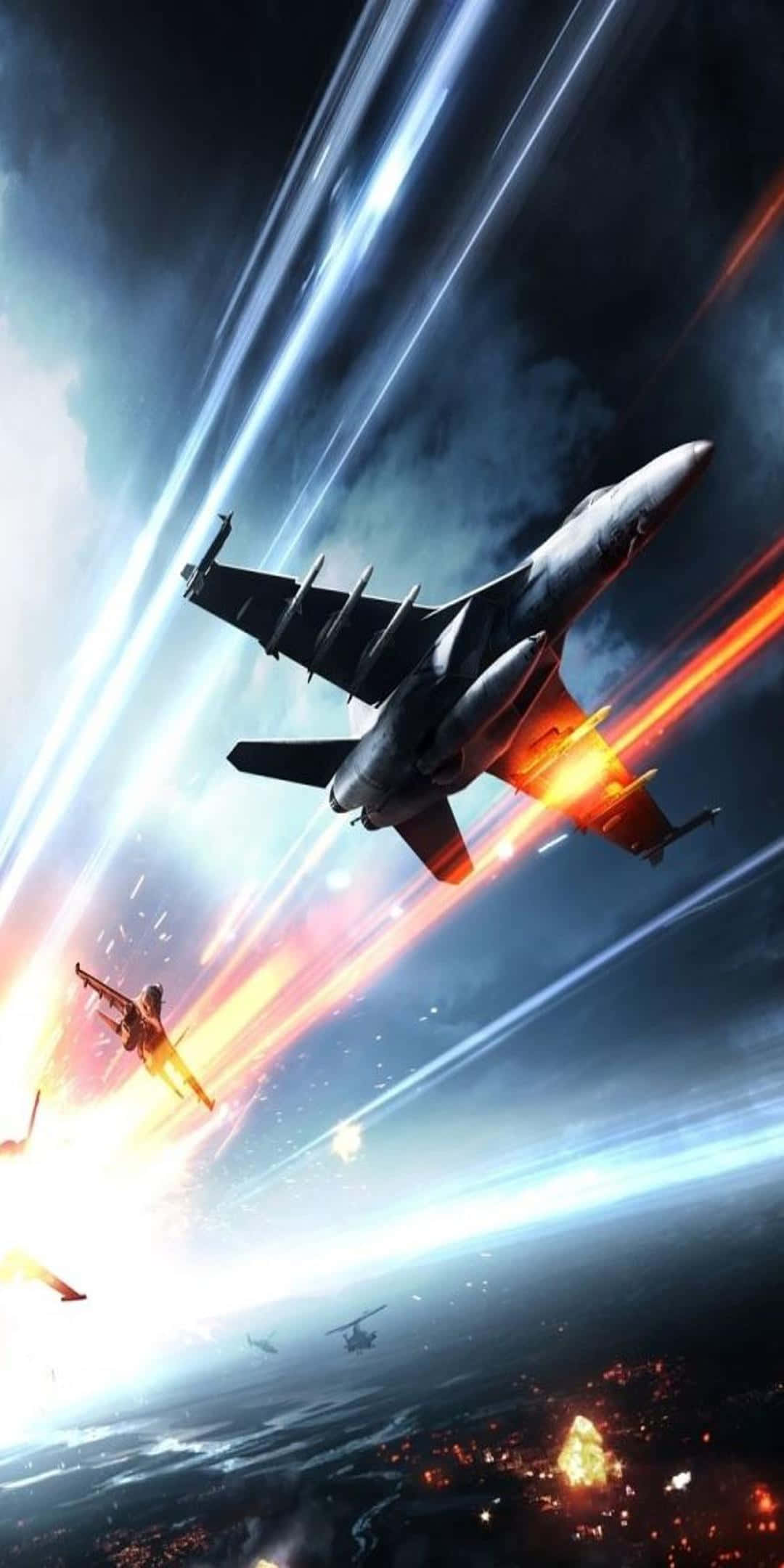 Pixel 3 Battlefield 3 桌布 壁紙 — 一架戰鬥機在暴風雨中劃過天際，向下方燃燒的戰場發射帶有火焰軌跡的飛彈。