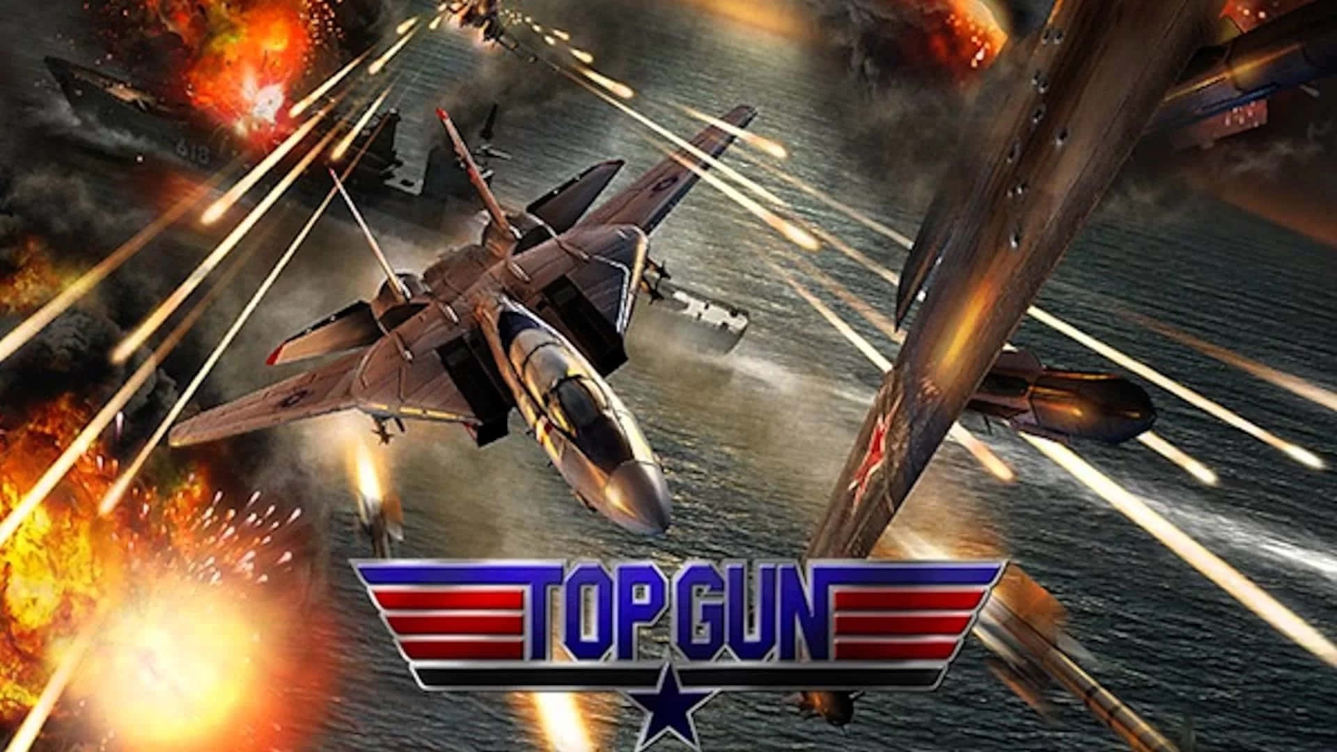 Top Gun 桌布 壁紙 — 一架戰鬥機在海洋波浪上空，伴隨著爆炸和飛彈軌跡，翱翔於熾熱的空戰中。