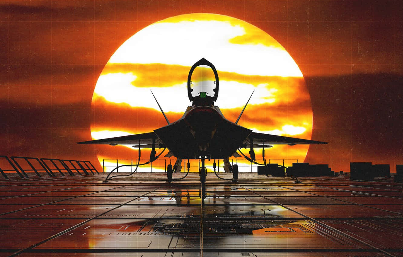桌布 壁紙 — 一架戰鬥機在濕漉漉的航空母艦甲板上，以巨大的火紅日落為背景形成剪影。