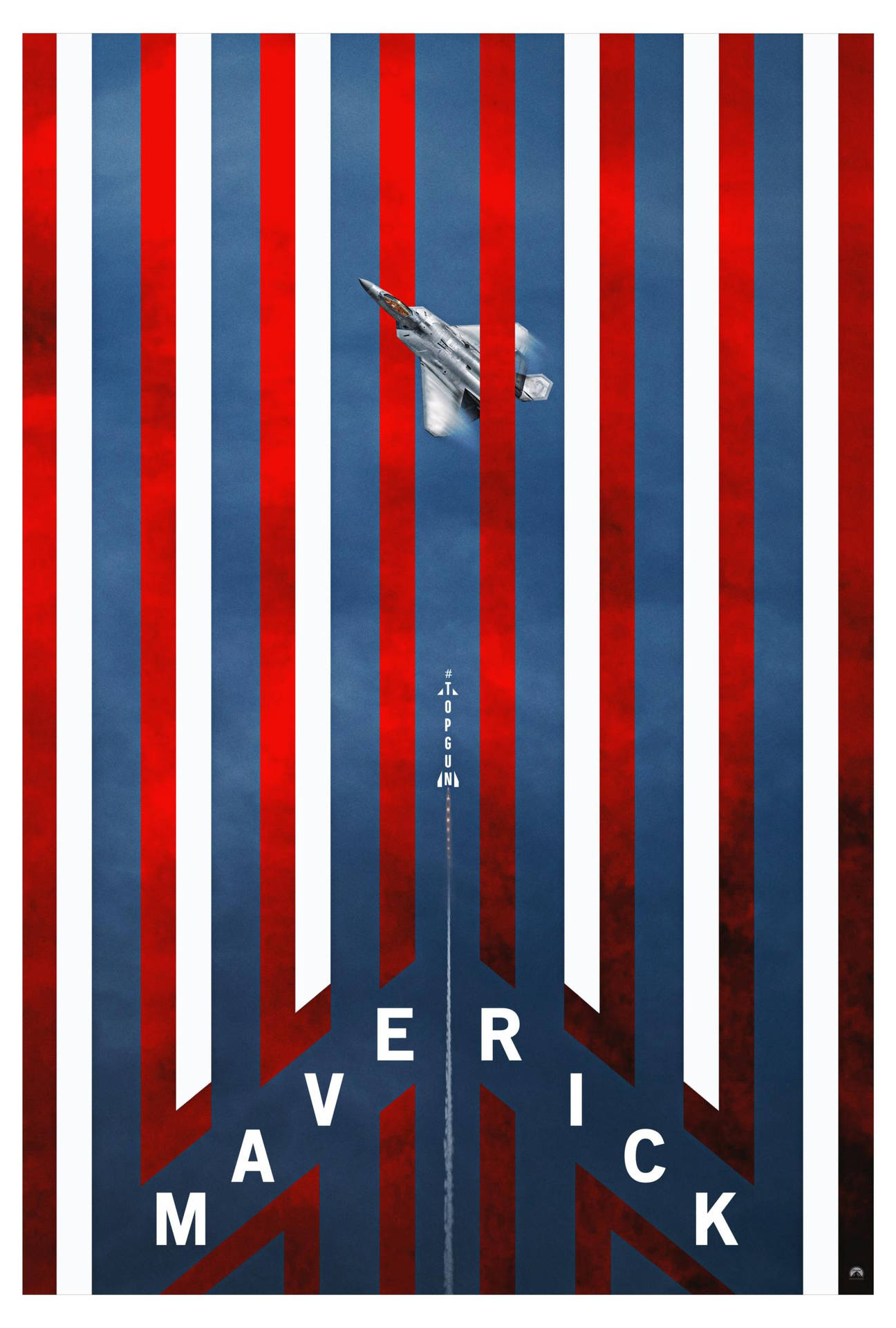 一架戰鬥機在風格化的紅、白、藍條紋天空中飛行，下方有「maverick」一詞。 — 捍衛戰士：獨行俠 壁紙