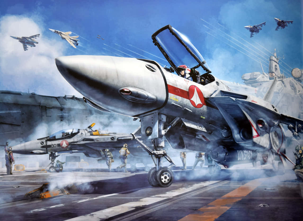 robotech 桌布 壁紙 — 一架戰鬥機在航空母艦甲板上，有機組人員和其他噴射機在明亮的藍天下飛行。