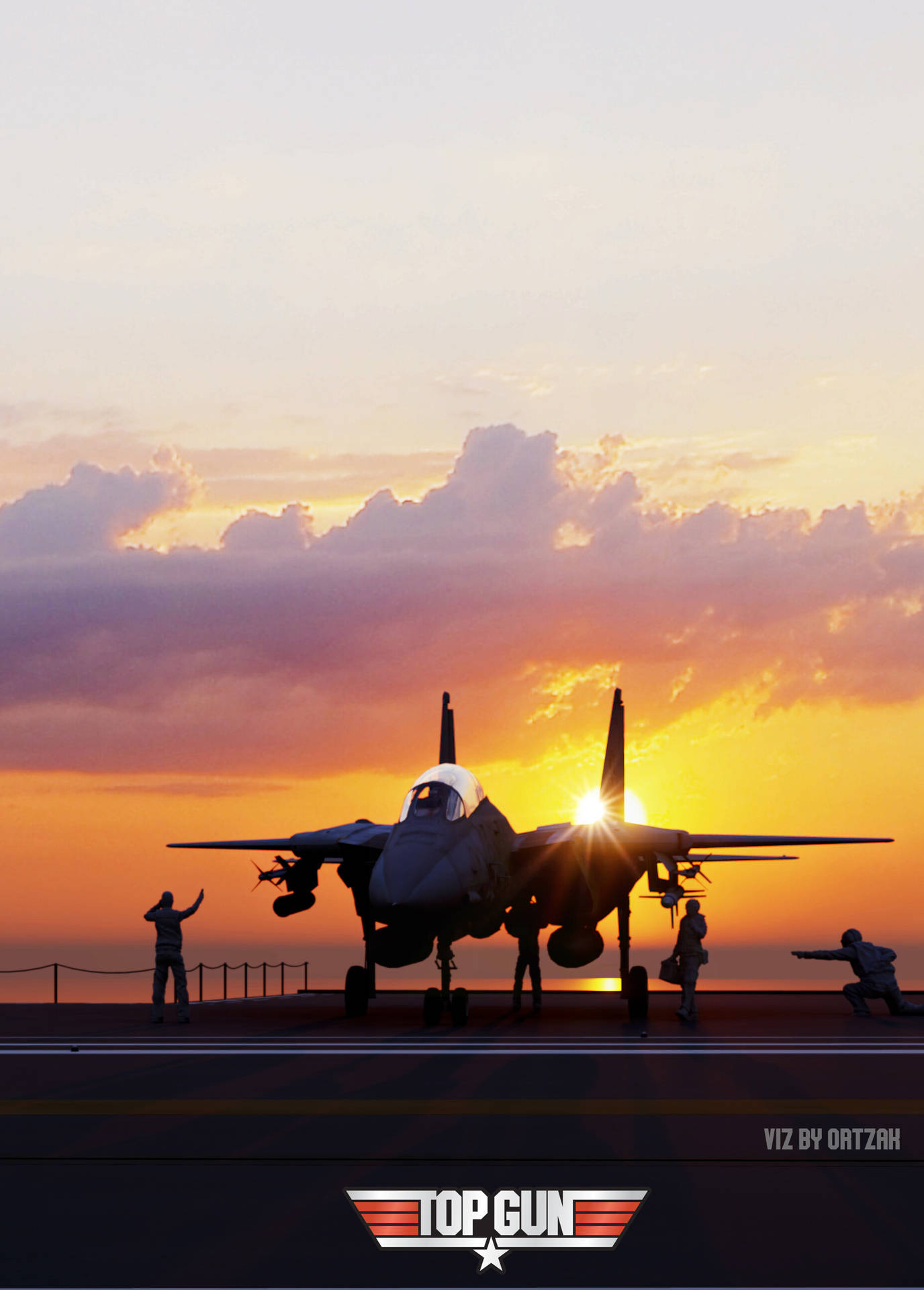 日落時分航空母艦甲板上的戰鬥機與機組人員。 — 捍衛戰士：獨行俠 壁紙