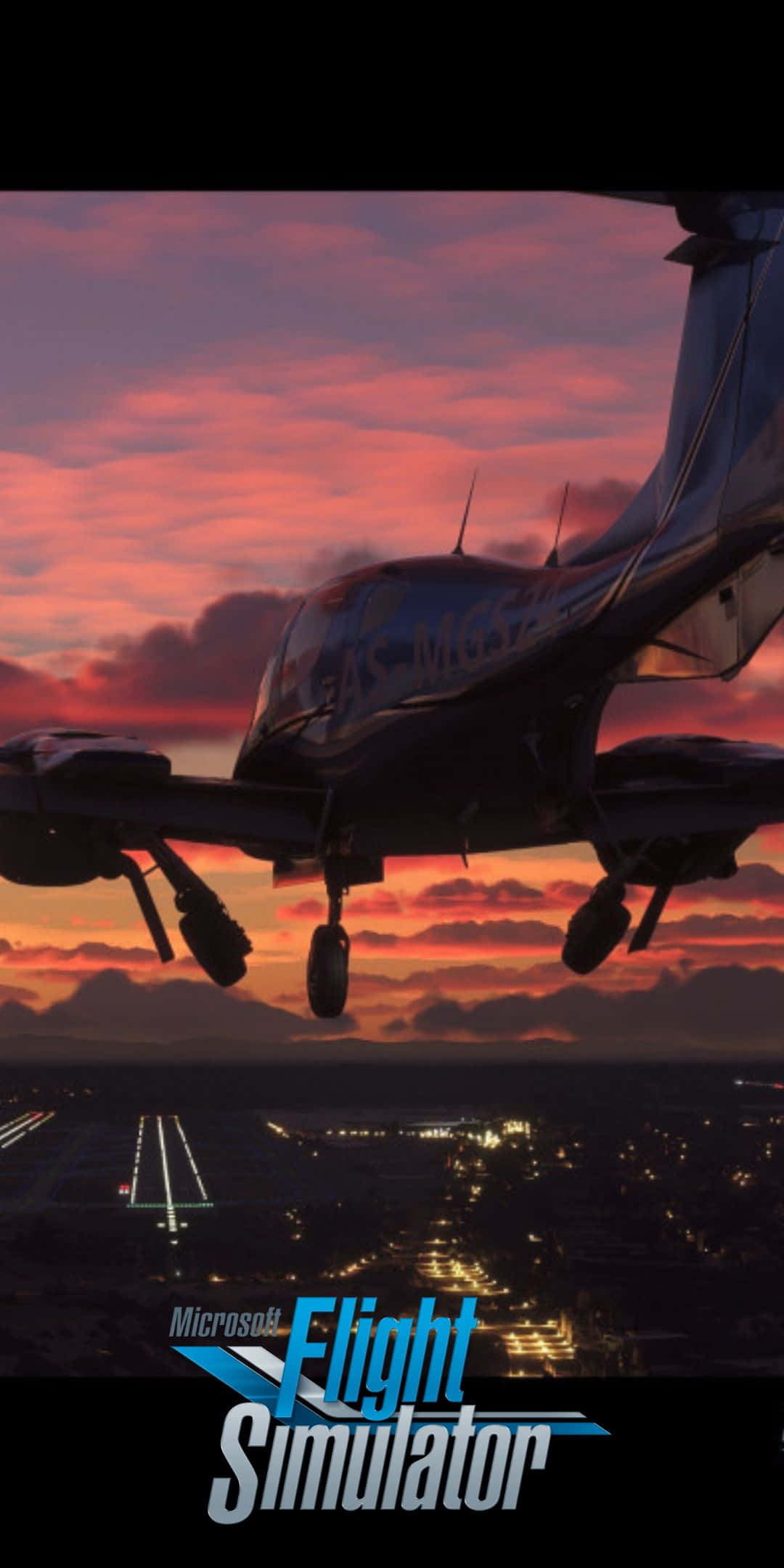 Pixel 3 Microsoft Flight Simulator 桌布 壁紙 — 一架戰鬥機在黃昏時分，於閃爍的城市景觀上空，向著火紅的日落天空下降。