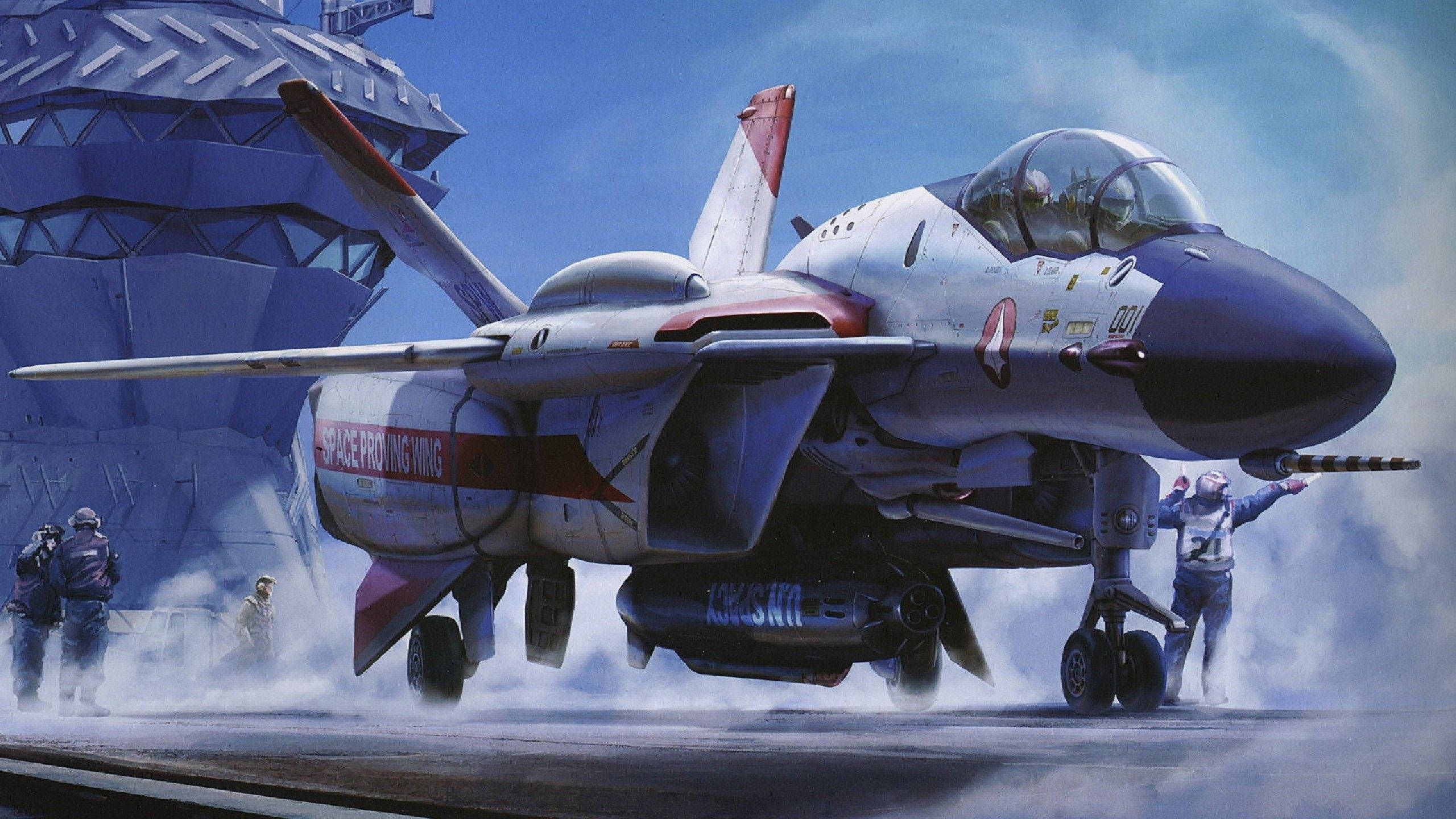 Macross 桌布 壁紙 — 一架戰鬥機從航空母艦甲板起飛，船員指揮，蒸汽在下方翻騰。
