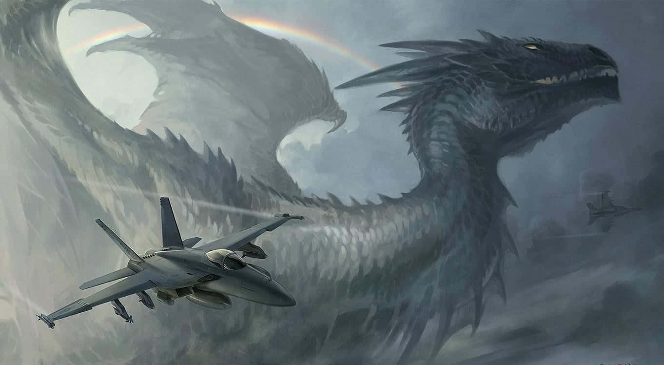 龍 桌布 壁紙 — 一架戰鬥機飛過一隻巨大的灰色龍，彩虹在其帶翼的身形後彎曲，背景是風暴天空。