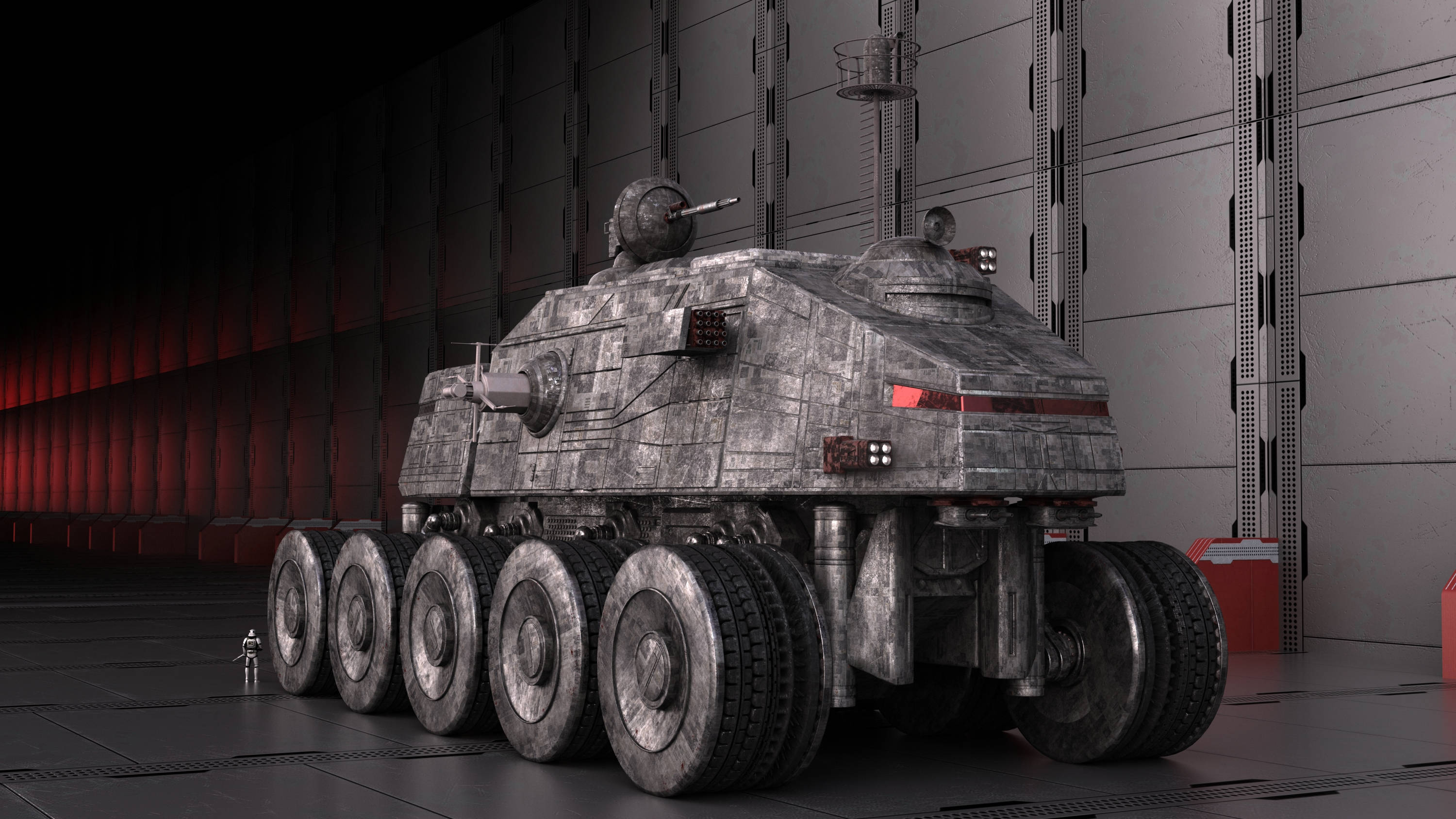 Juggernaut 桌布 壁紙 — 一架擁有六個輪胎的大型裝甲軍用車輛，停放在由紅色壁燈照明的昏暗機庫中。