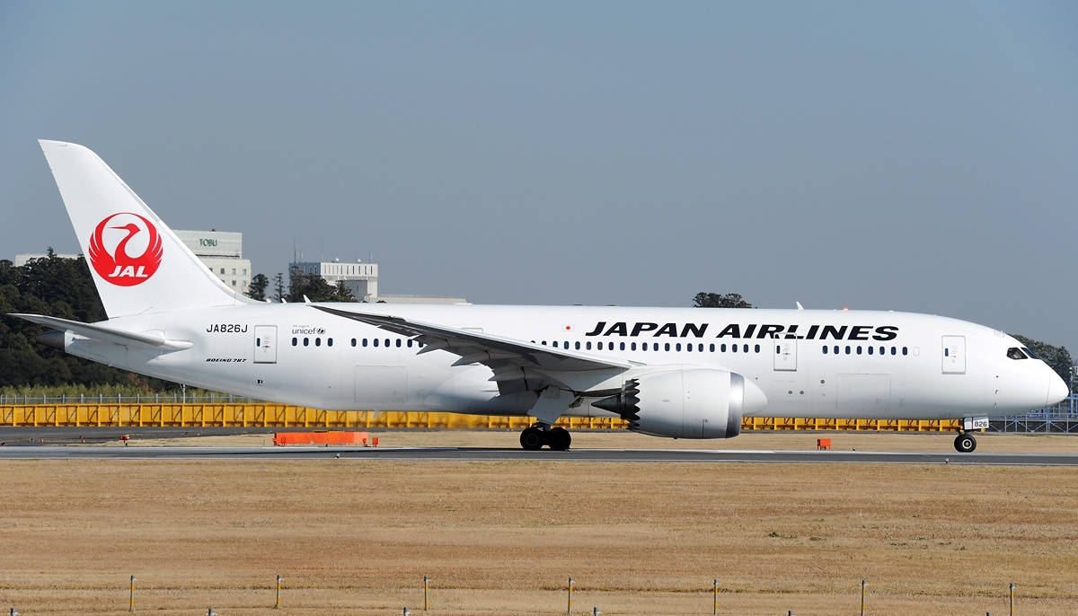 日本 桌布 壁紙 — 一架日本航空的波音787夢幻客機在陽光明媚的機場停機坪上滑行，周圍有乾草和遠處的建築物，天空晴朗。