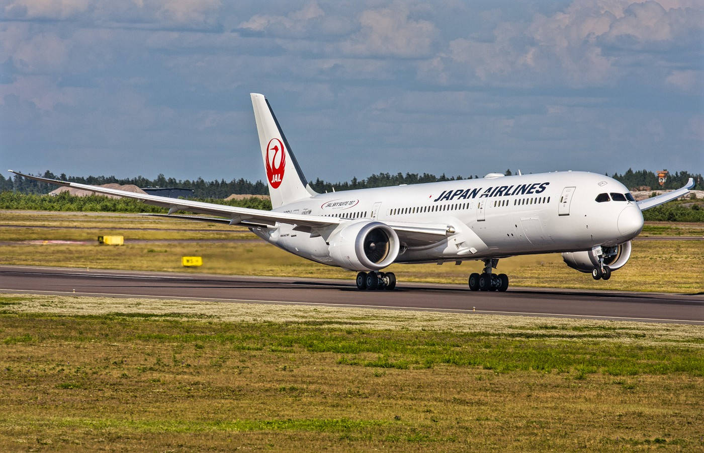 飛機 桌布 壁紙 — 一架日本航空的波音787夢想客機在部分多雲的天空下，於跑道滑行，周圍有綠草和遠處的樹木。