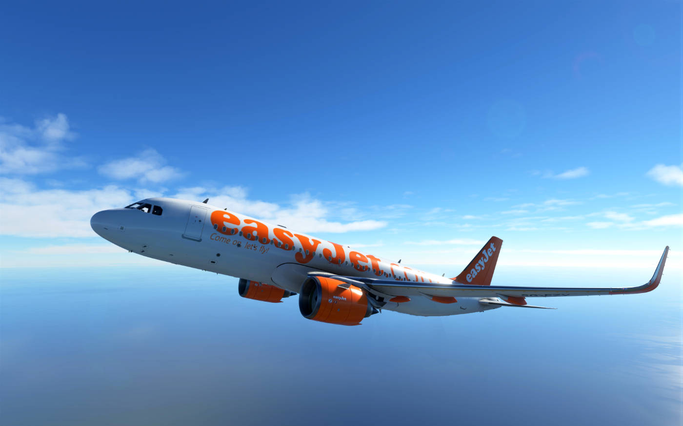  壁紙 — 一架易捷航空飛機在平靜的海平線上方，穿過清澈的藍天翱翔。