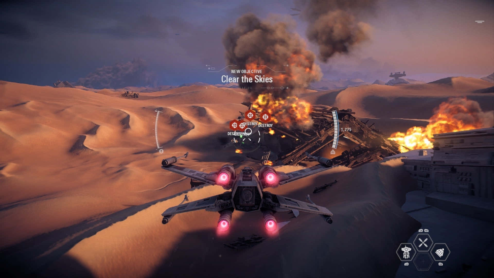 Jakku 桌布 壁紙 — 一架星際戰機低空飛過沙漠戰場，在昏暗的天空下，被摧毀的基地發生爆炸。