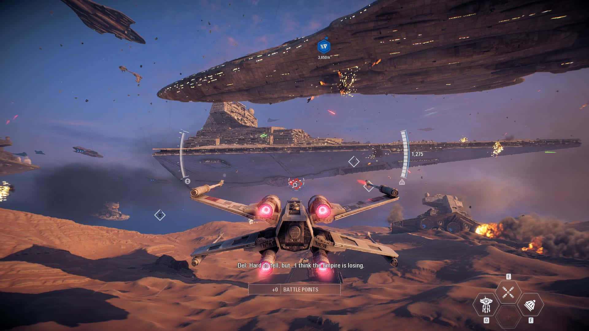 The Battle Of Jakku 桌布 壁紙 — 一架星際戰機在沙漠行星上空進行纏鬥，一艘巨大的滅星者戰艦正虎視眈眈。