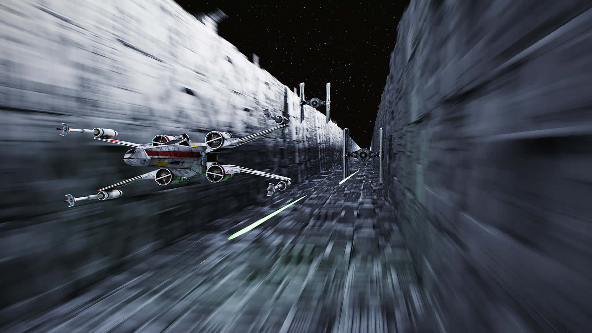 The Trench Run 桌布 壁紙 — 一架星際戰機在狹窄的小行星帶中疾馳，動態模糊的條紋在深空中掠過。