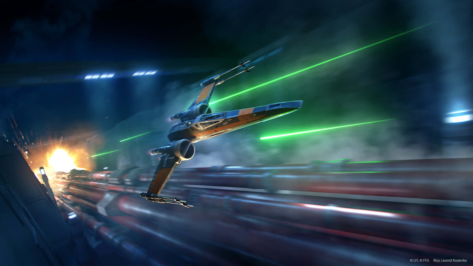 Star Wars X Wing 桌布 壁紙 — 一架星際戰機在黑暗隧道中疾馳，發射綠色雷射，爆炸照亮了其後的動態模糊。