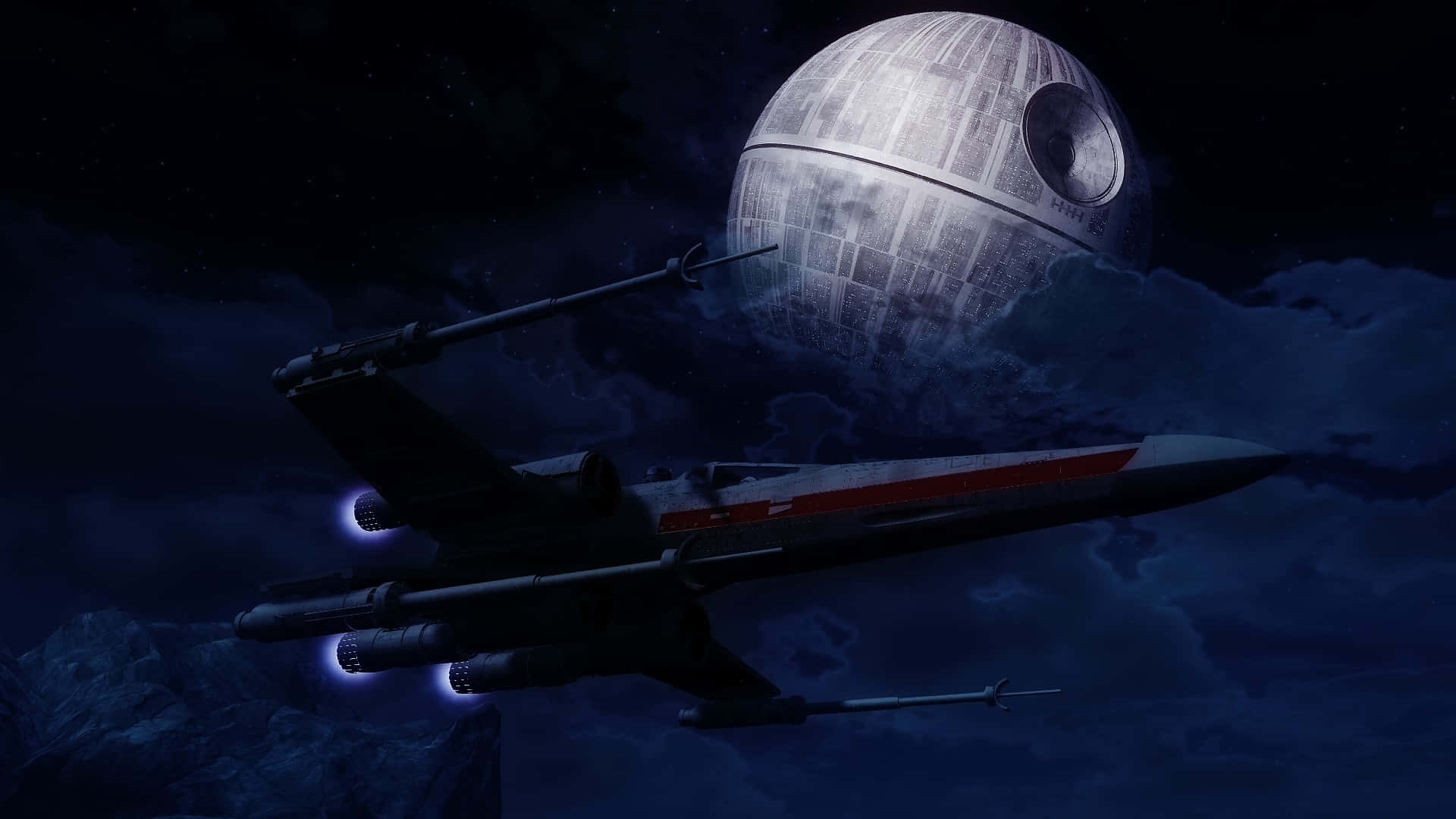Death Star 桌布 壁紙 — 一架星際戰機飛過巨大的死星，背景是繁星點點的夜空和烏雲。