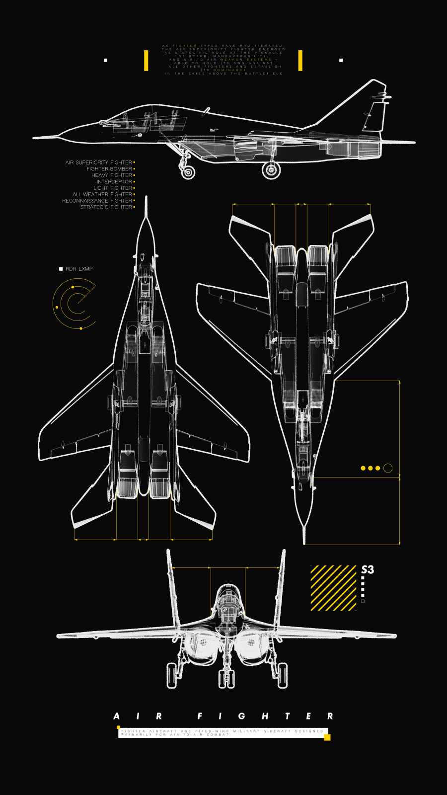 jet iPhone 桌布 壁紙 — 一架時尚戰鬥機的技術藍圖，以四種詳細的白色線條視圖顯示在黑色背景上，帶有黃色點綴。