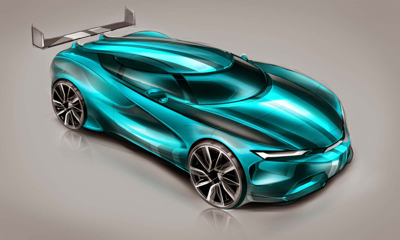 Car Design 桌布 壁紙 — 一架時尚未來感青綠色跑車，配備大型尾翼和反光表面，停放在中性色調的攝影棚地板上。